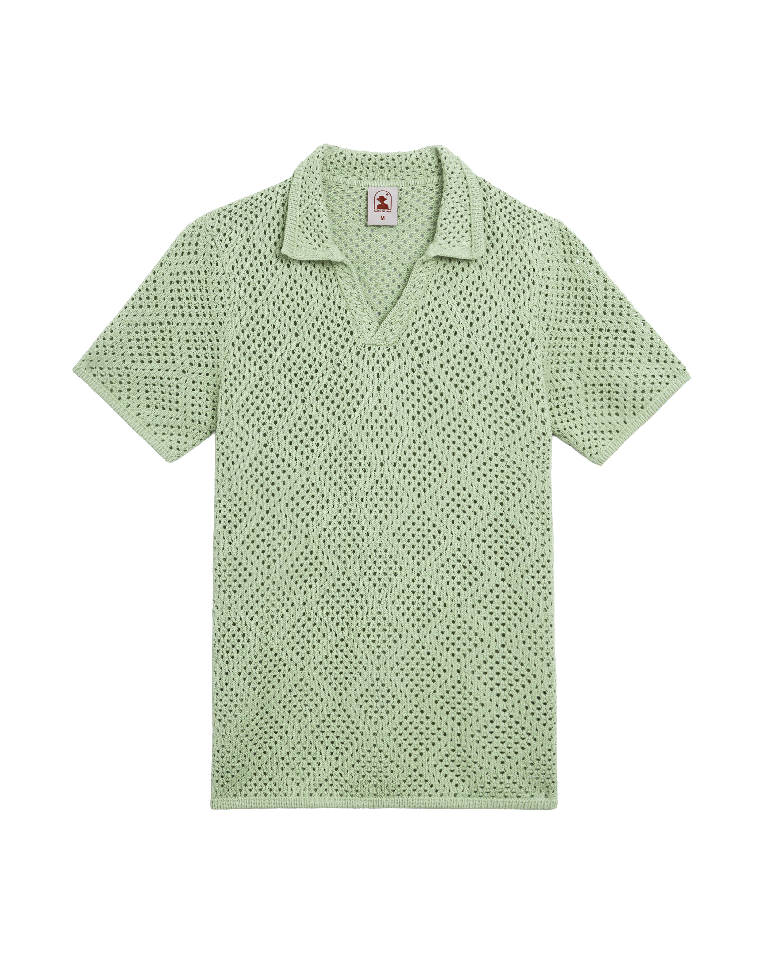The Antibes Crochet Shirt in Pistachio by Dandy Del Mar is a short-sleeve pullover polo with a spread collar and open-knit diamond pattern, shown flat against a black background.