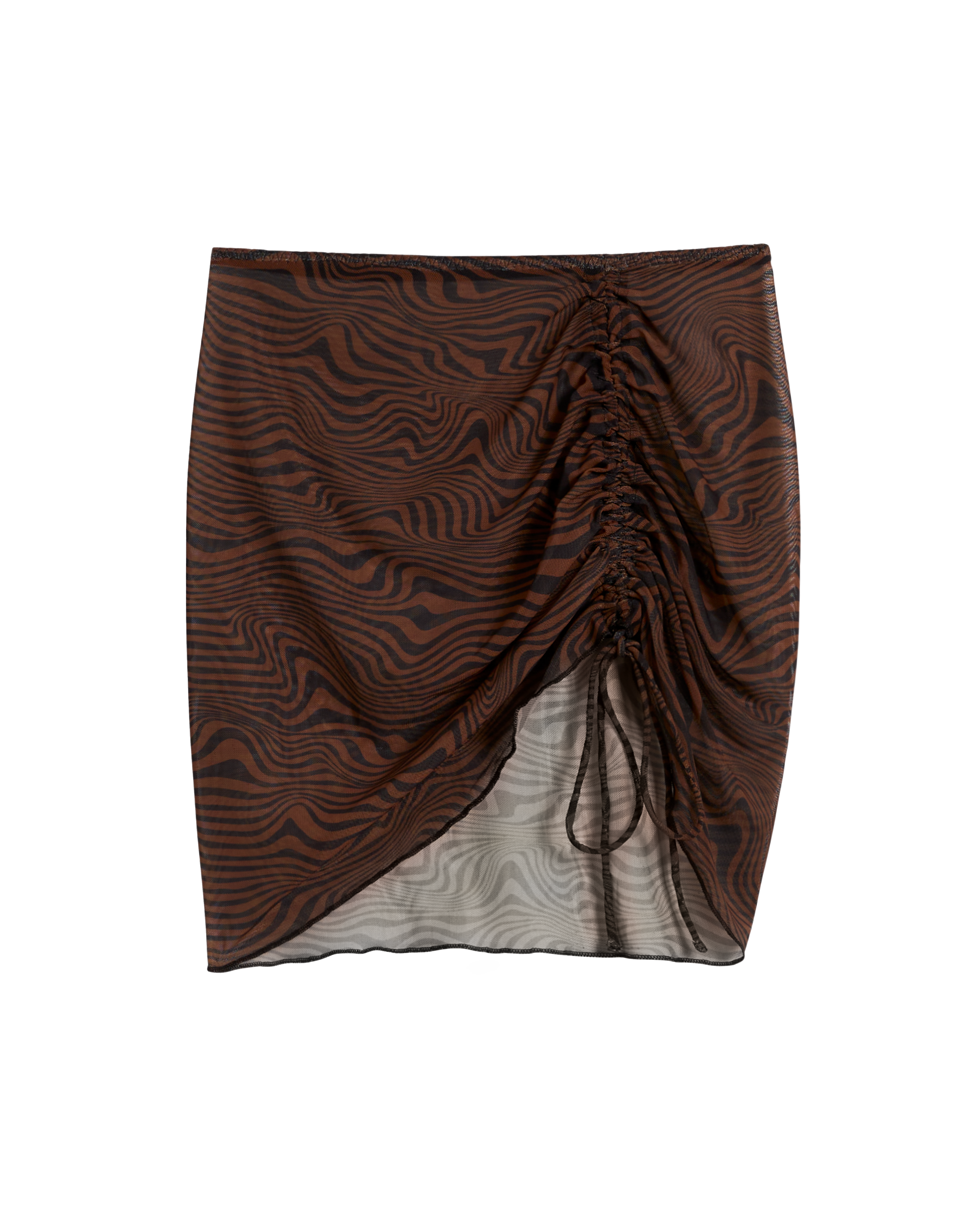 The Athena Skirt - Onyx by Dandy Del Mar is a mini with brown and black zebra print, ruched detailing, and a front drawstring—perfect for elevating your beach look.