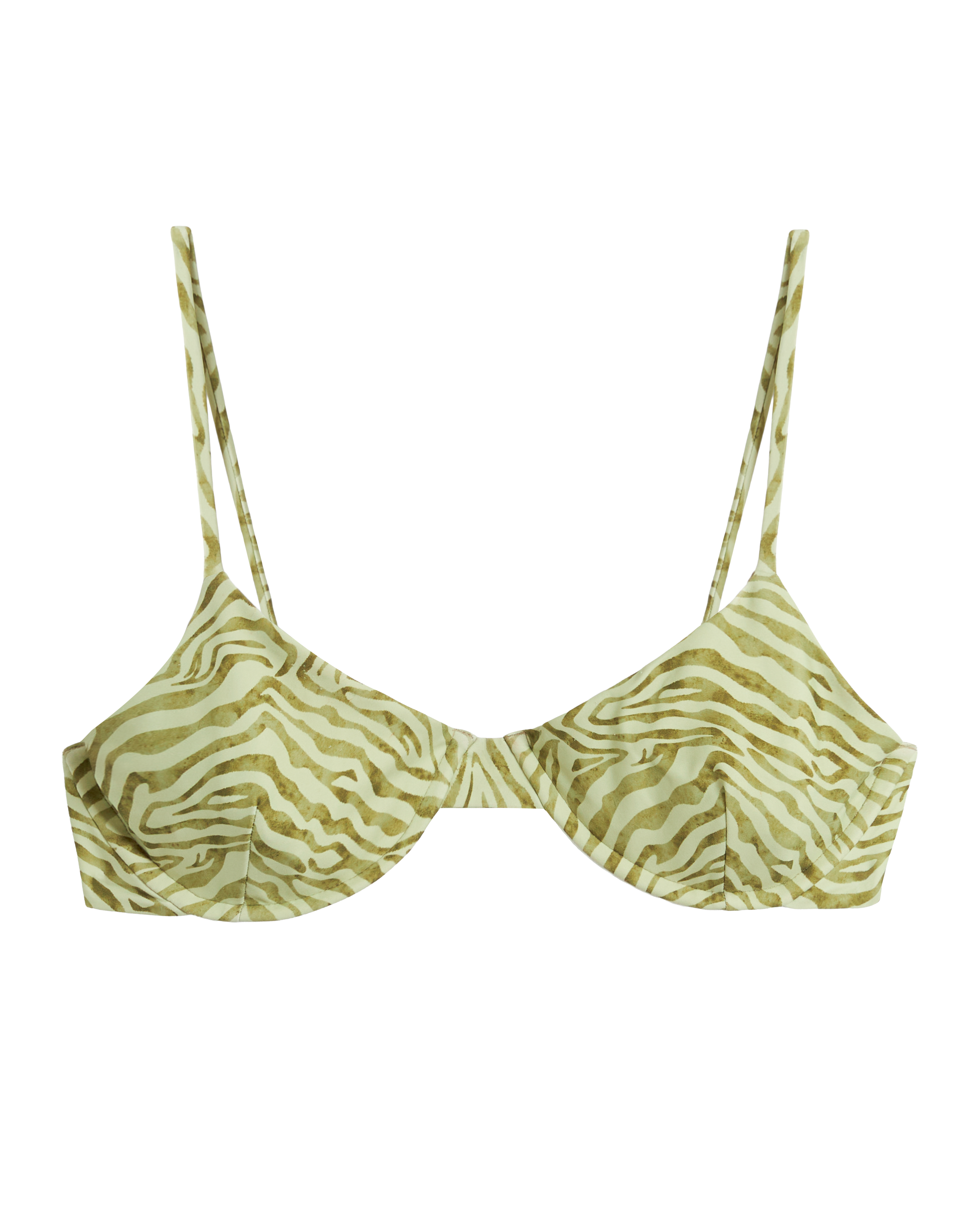 The Avila Top - Arbequina by Dandy Del Mar is a light green and beige zebra print underwire bralette bikini top with thin adjustable straps, crafted from recycled nylon swimwear, shown on a plain black background.