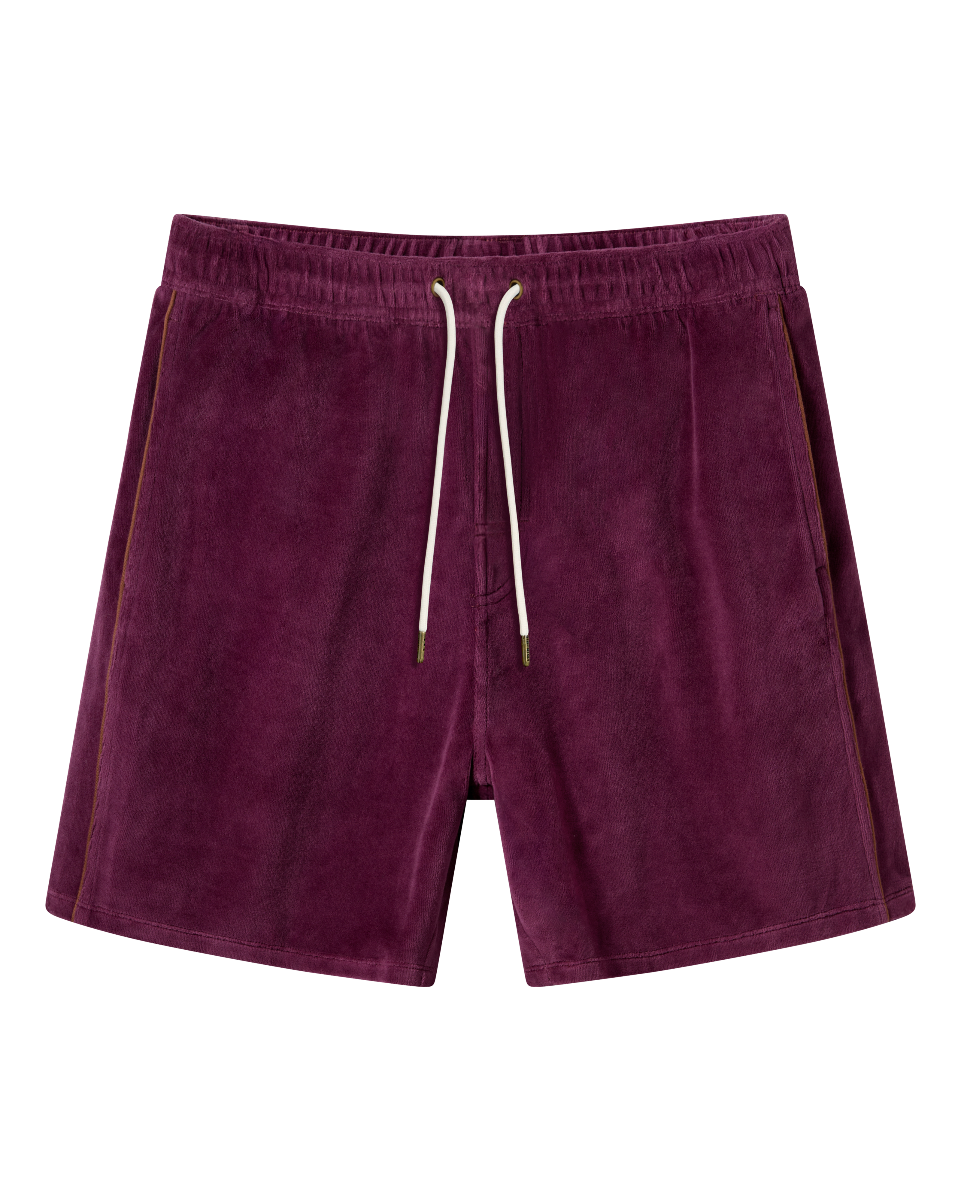 The Rio Velour Short - Bordeaux by Dandy Del Mar features an elastic waistband, white drawstring, and side pockets in a rich burgundy velour, shown on a plain background.