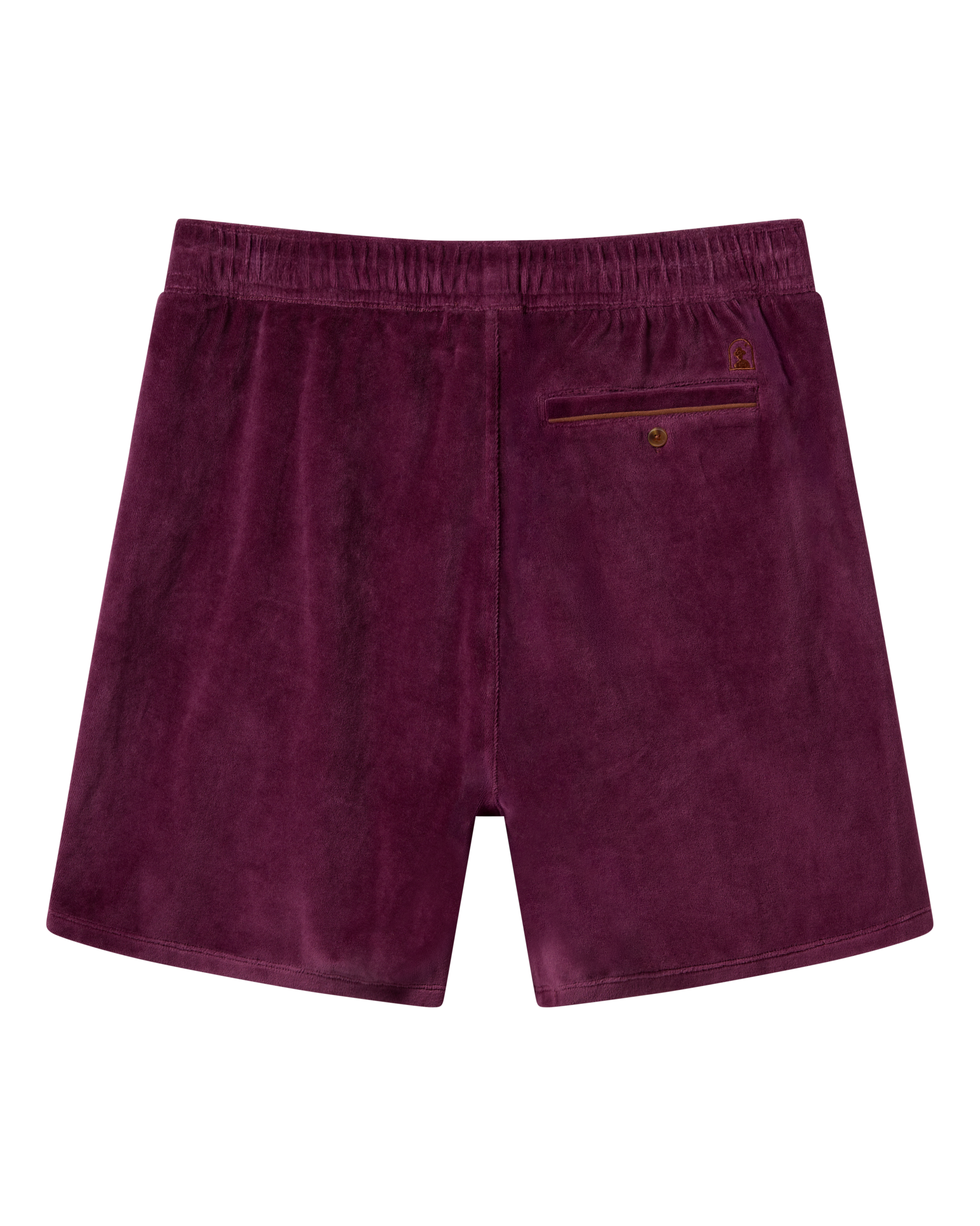 The Rio Velour Short - Bordeaux by Dandy Del Mar features a back view with an elastic waistband and a single buttoned back pocket, offering comfort and style—perfect for athletic wear.