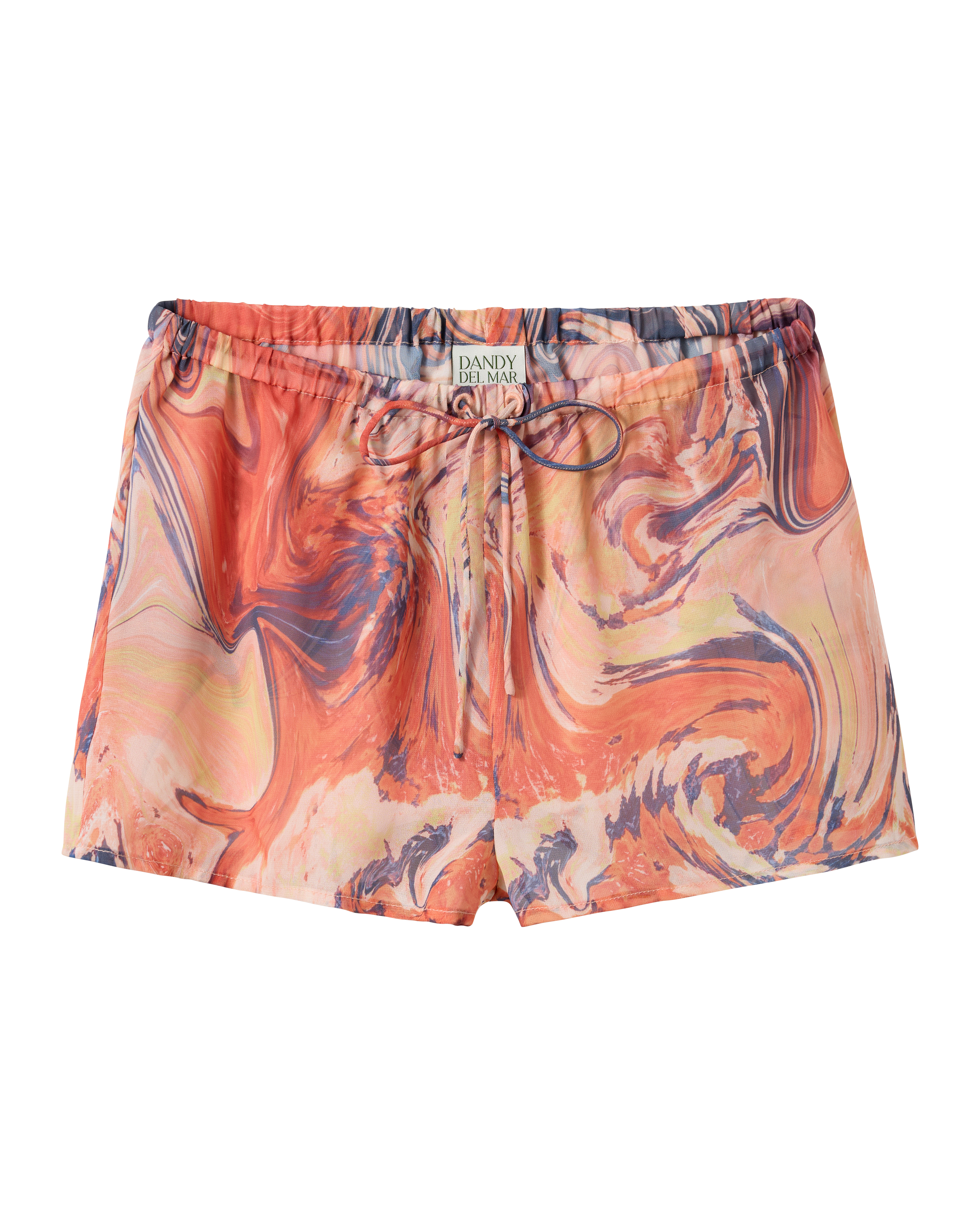 The Curacao Short - Lantana by Dandy Del Mar features an elastic waistband, adjustable drawstring, and a red, orange, and blue marbled pattern.