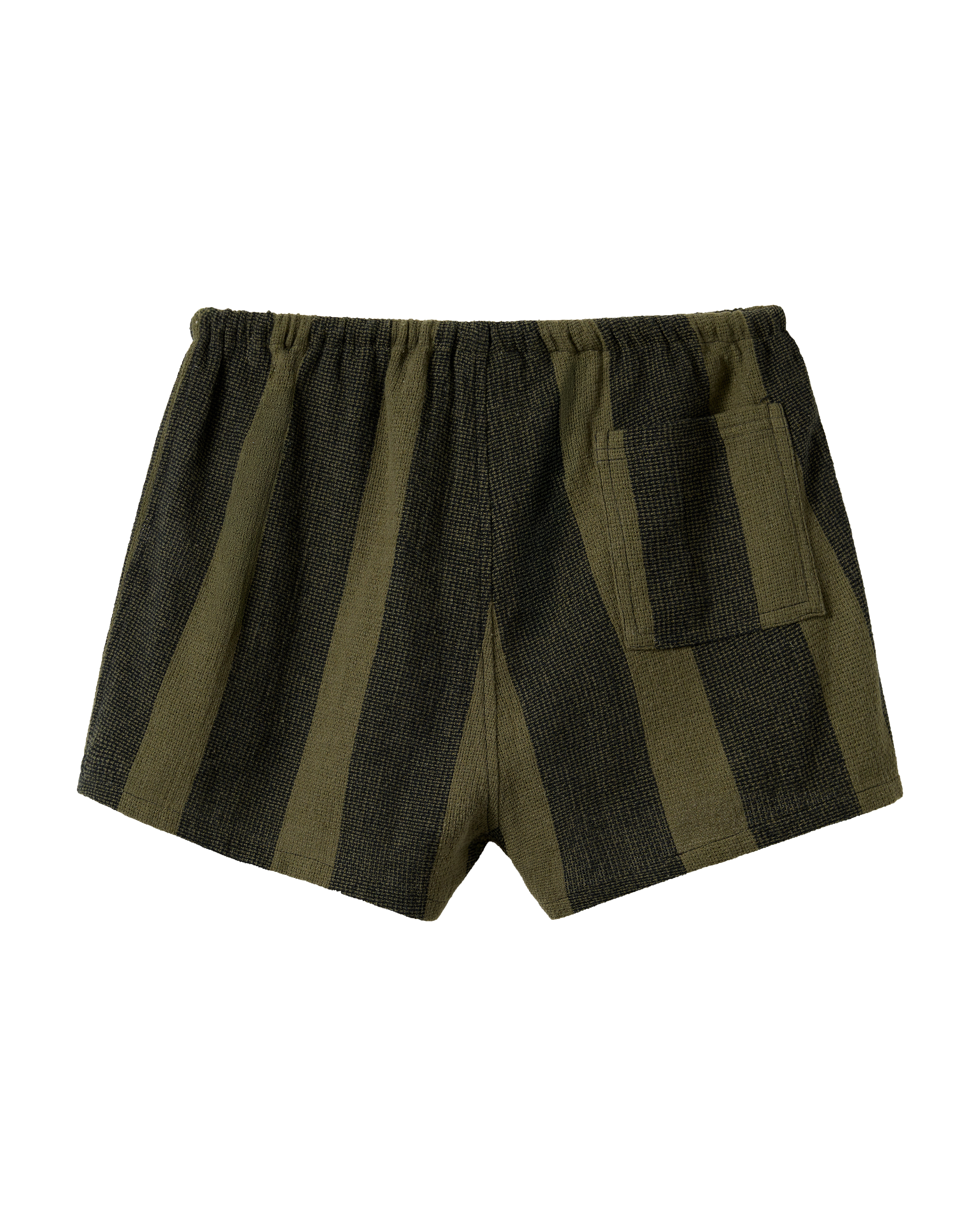 The Sevilla Short - Onyx by Dandy Del Mar features dark green and black stripes, an elastic waistband, and a single back patch pocket.