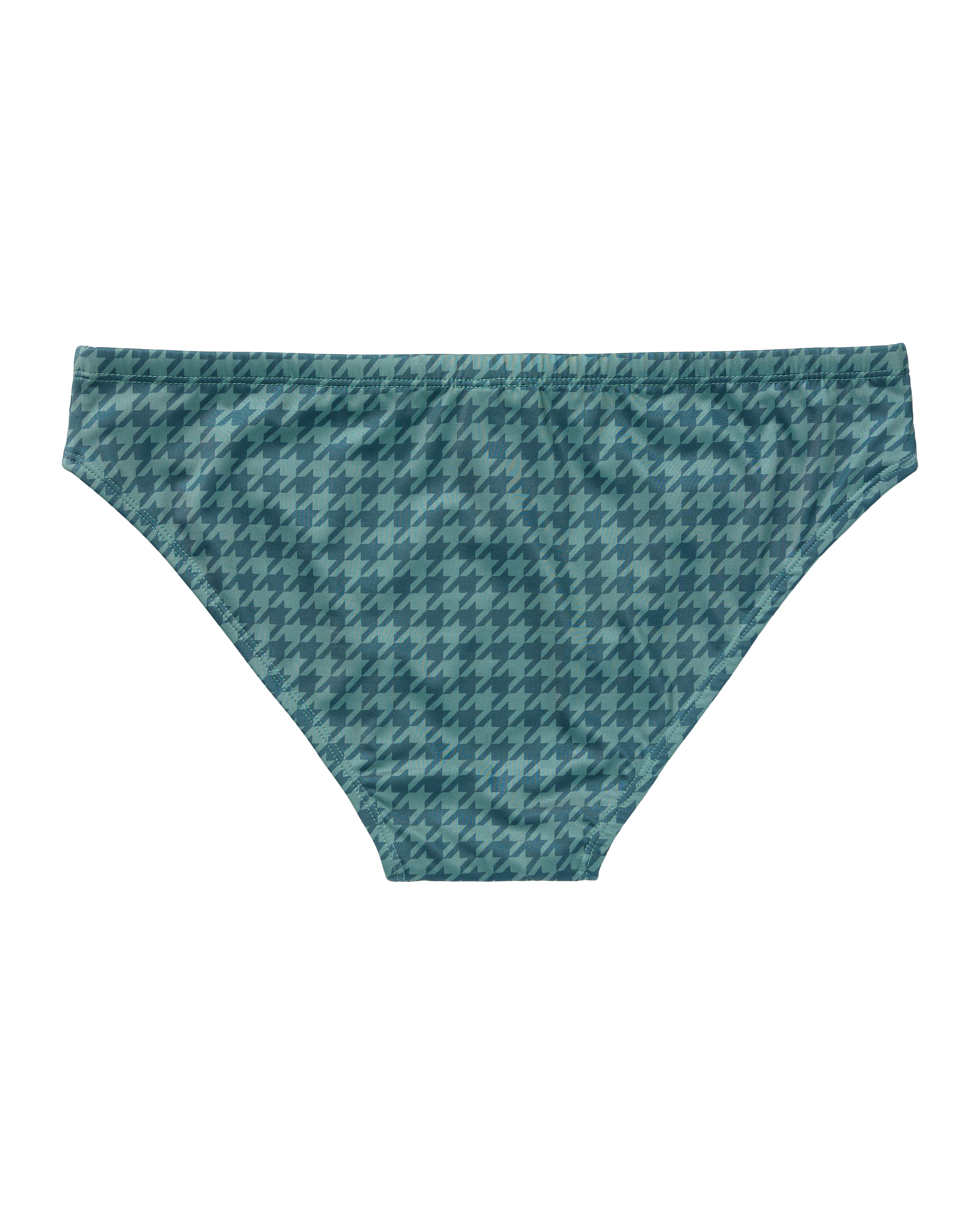 Elevate your summer style with Dandy Del Mar’s Belize Swim Briefs – Emerald Houndstooth, a blue-green bikini bottom featuring a chic houndstooth pattern on black.