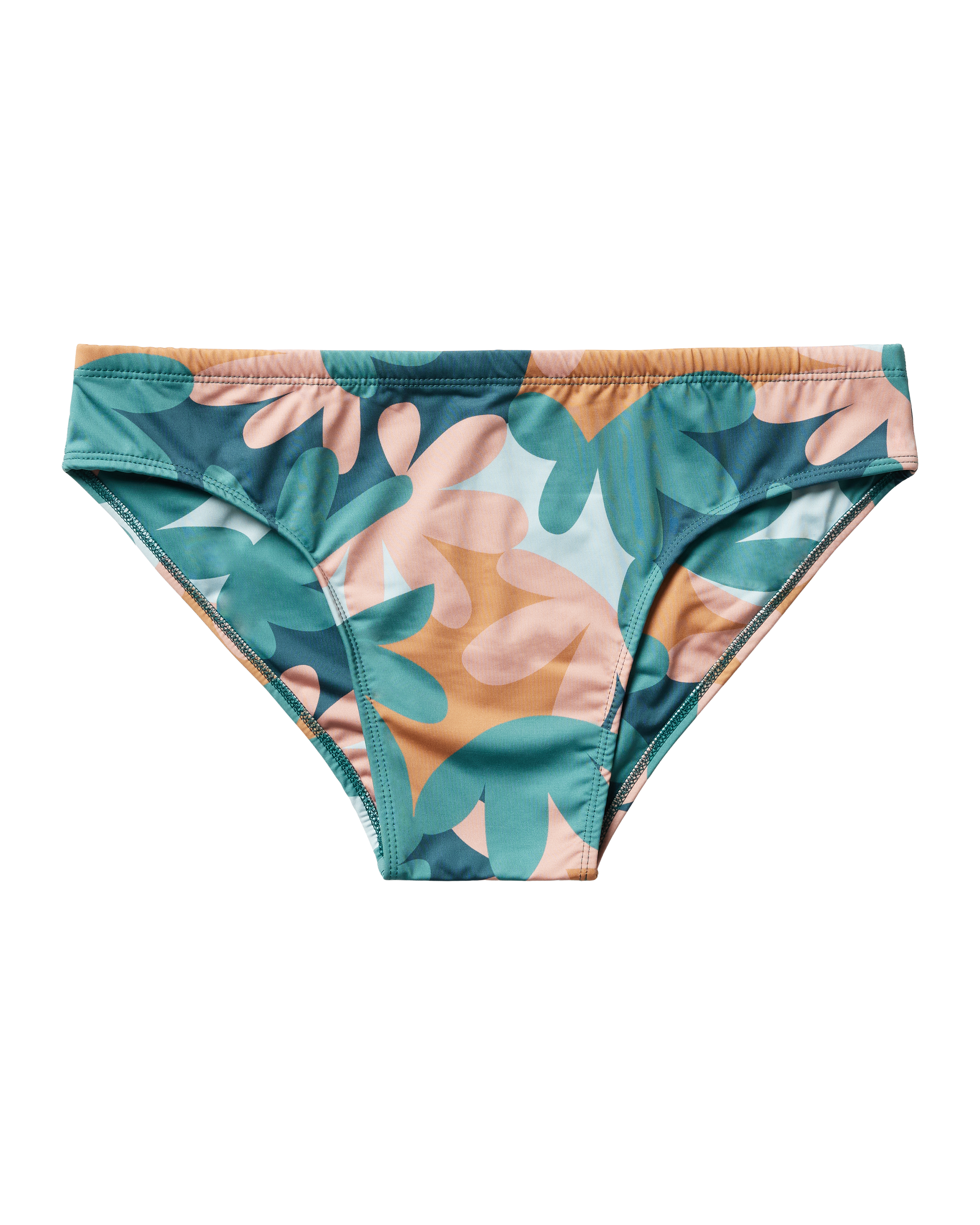 The Belize Swim Briefs - Guava Lagoon by Dandy Del Mar feature a multicolor abstract leaf pattern in green, peach, and blue—perfect for elevating your summer wardrobe. Shown here on a plain black background.