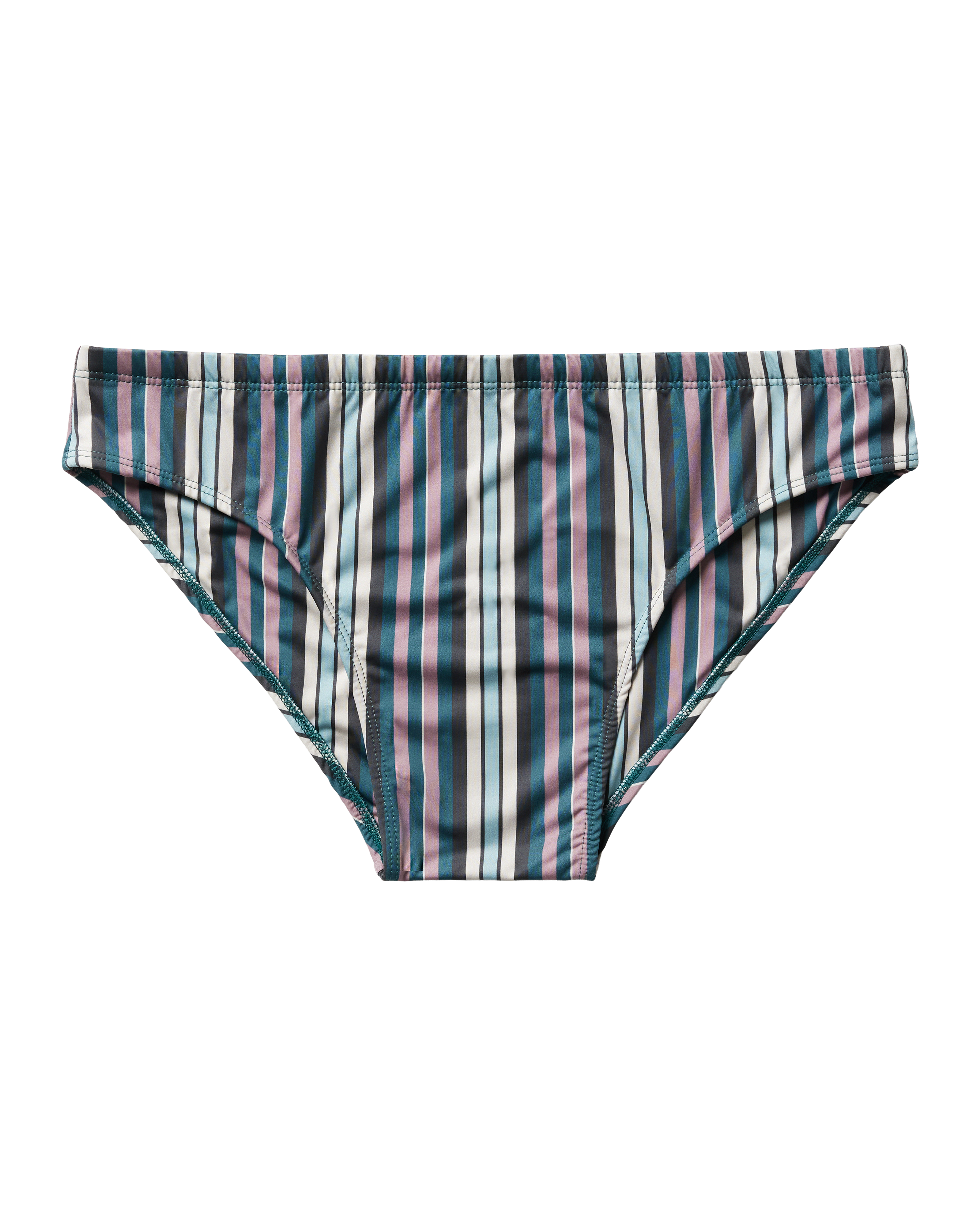 Elevate your swim style with The Belize Swim Briefs - Gulf Blue by Dandy Del Mar, featuring teal, pink, white, and black vertical stripes on a sleek black base—crafted from recycled polyester for an eco-friendly touch.