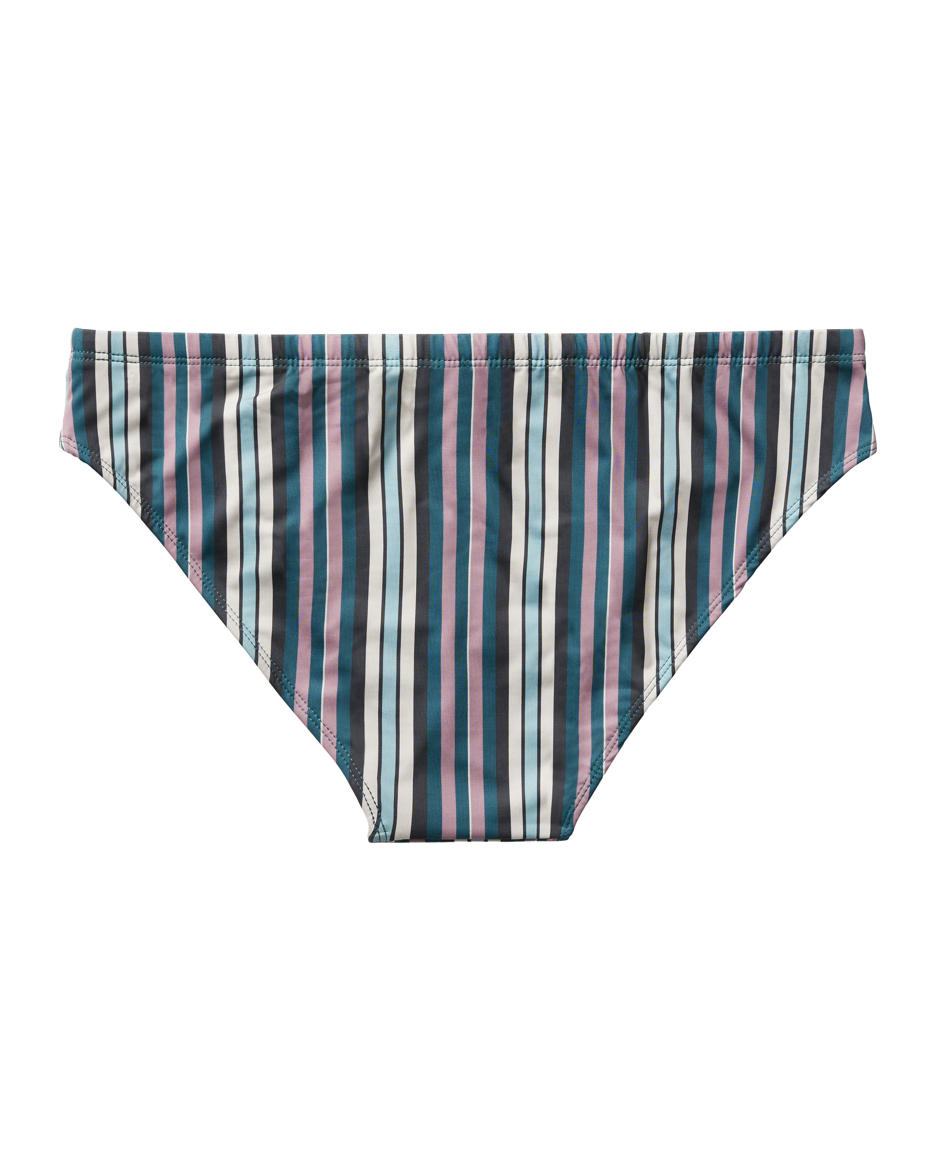 Experience the Epicurean Lifestyle with Dandy Del Mar’s Belize Swim Briefs - Gulf Blue, crafted from recycled polyester with vertical blue, pink, gray, and white stripes on black, displayed flat against a white background.
