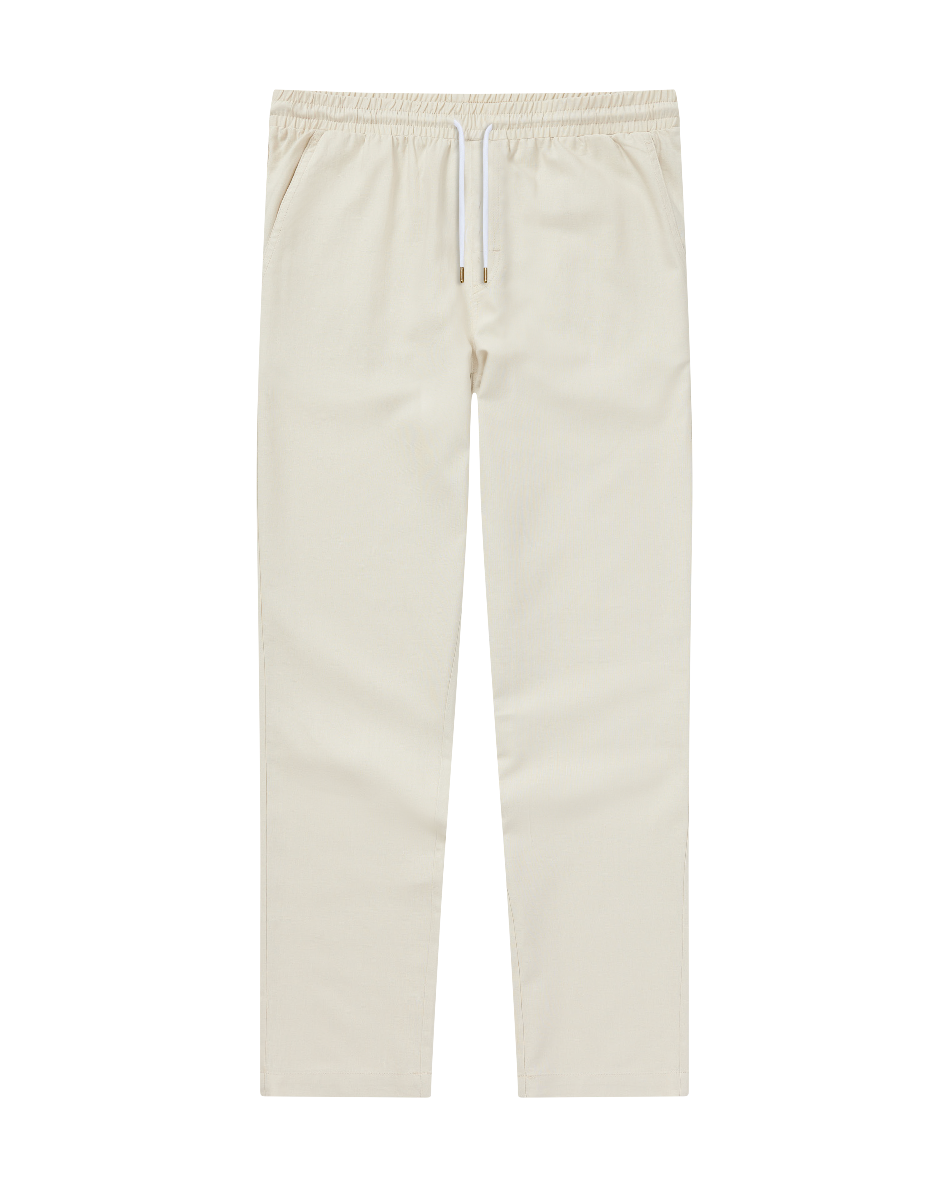 The Brisa Linen Pant - Vintage Ivory by Dandy Del Mar offers a comfy elastic waistband and straight legs—ideal for vacations, shown here against a white background.