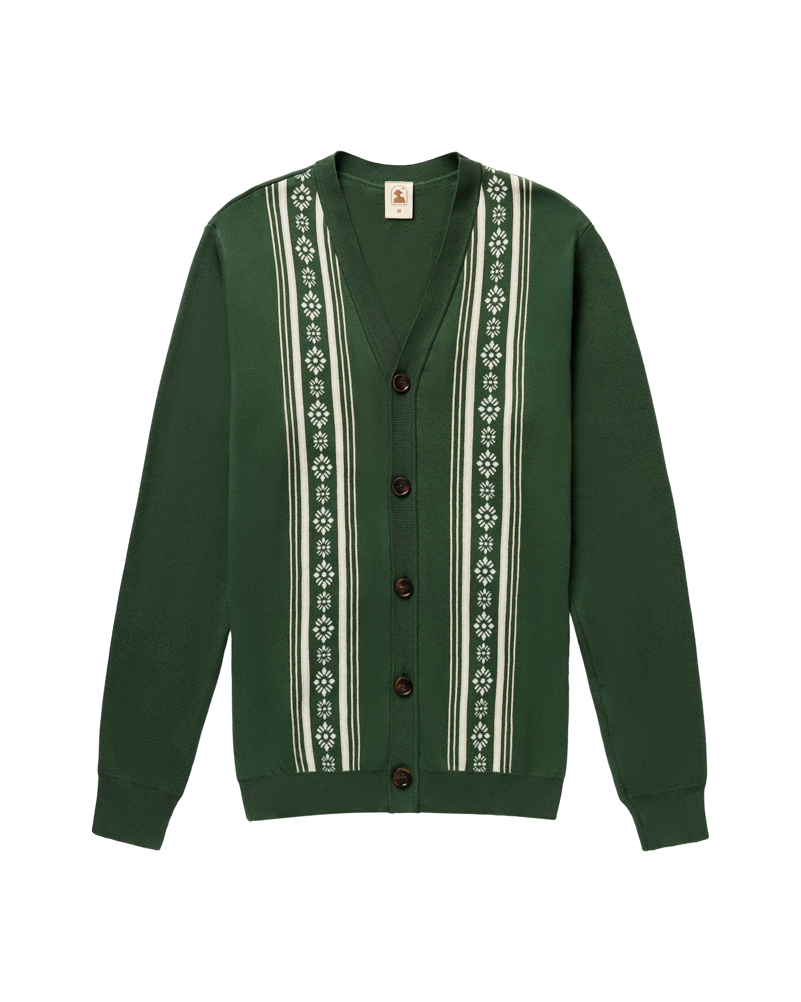 The Castello Cardigan - Palm Green by Dandy Del Mar is made from medium weight cotton with white vertical patterns and floral accents on the front panels.
