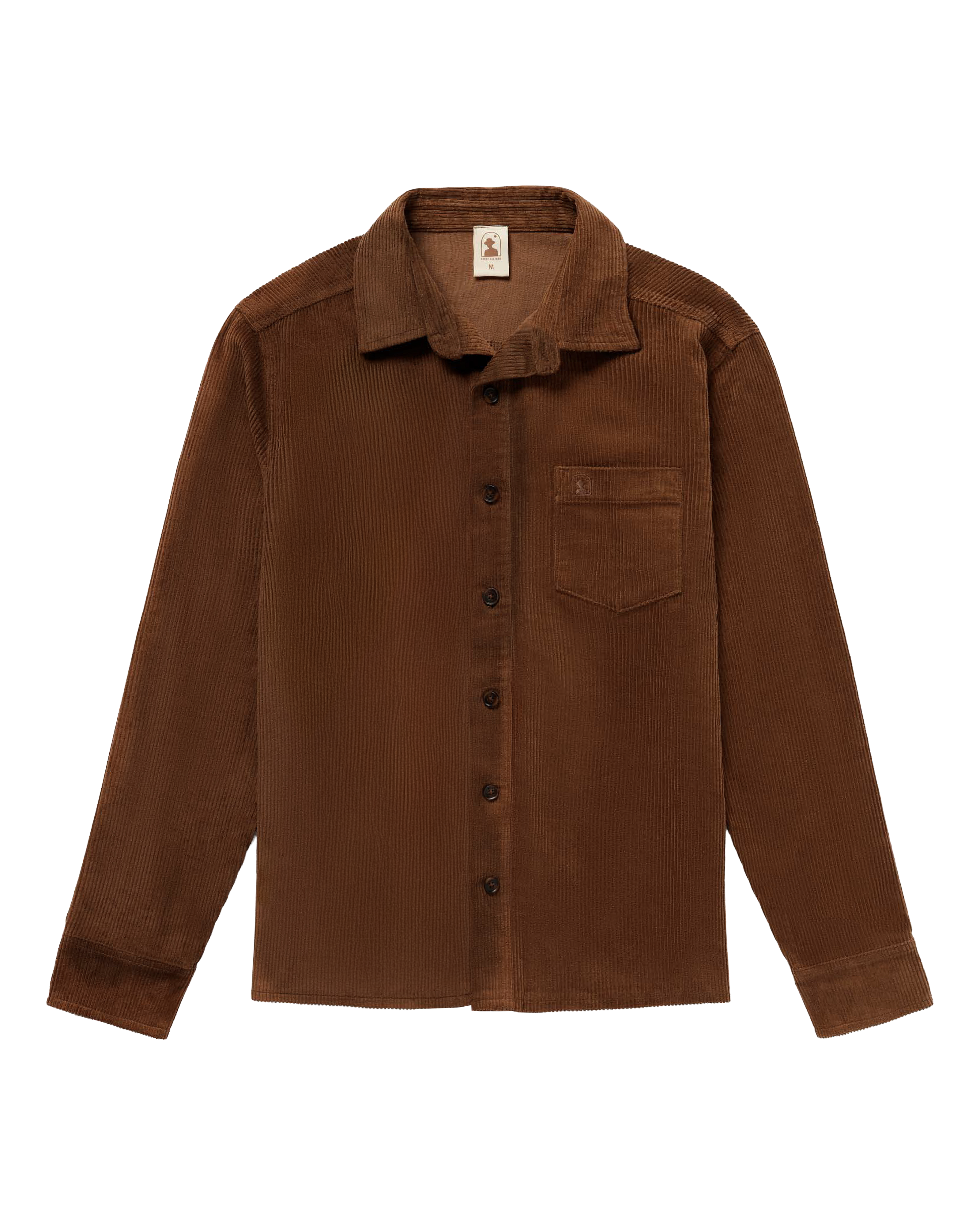 The Corsica Corduroy Shirt - Carajillo by Dandy Del Mar is a brown, Italian-made long-sleeve button-up with a front chest pocket, shown laid flat on white—ideal for versatile, elegant style.