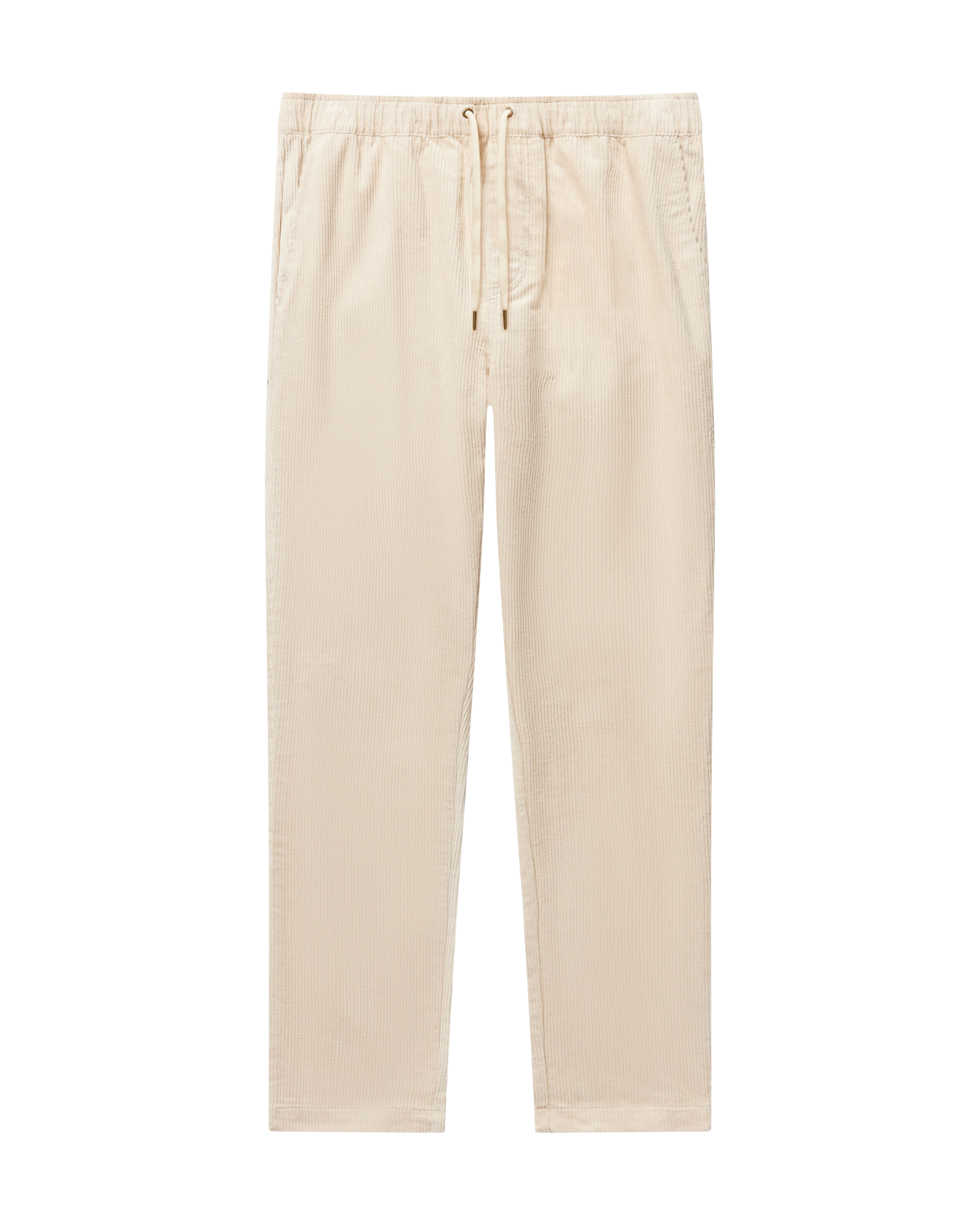 The Dandy Del Mar Corsica Corduroy Pant in Alabaster White features a tailored fit, elastic waistband, straight-leg cut, and no visible pockets. Made from Italian corduroy and shown against a white background.