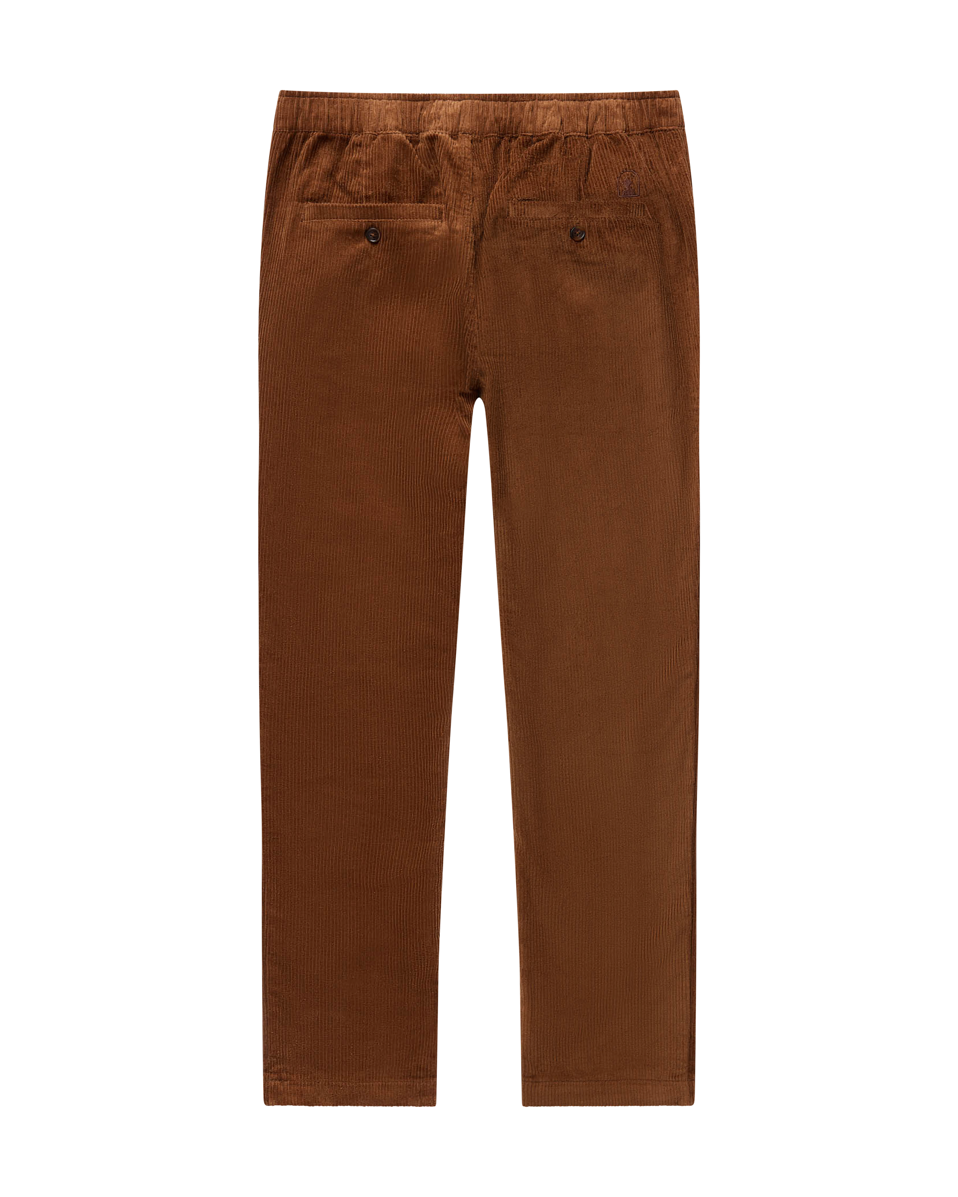 The Corsica Corduroy Pant - Carajillo by Dandy Del Mar features a brown Italian corduroy fabric, tailored trouser fit, elastic waistband, straight legs, and two back welt pockets with buttons, shown on a plain background.