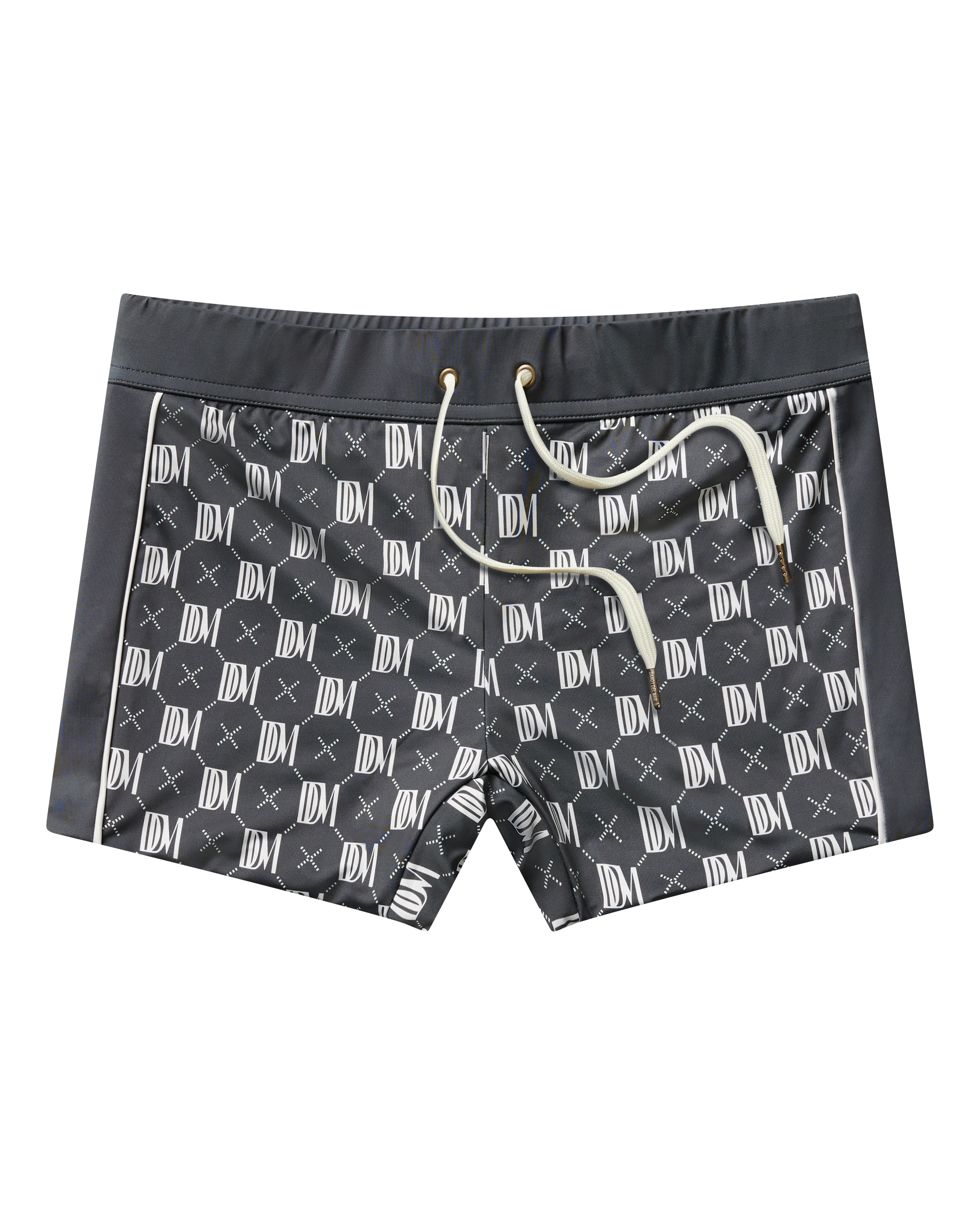 The Cassis Square Cut Swim Brief – DDM Monogram by Dandy Del Mar features a black and gray design with a white drawstring and repeating monogram, made from recycled polyester in a modern European fit, shown on a black background.
