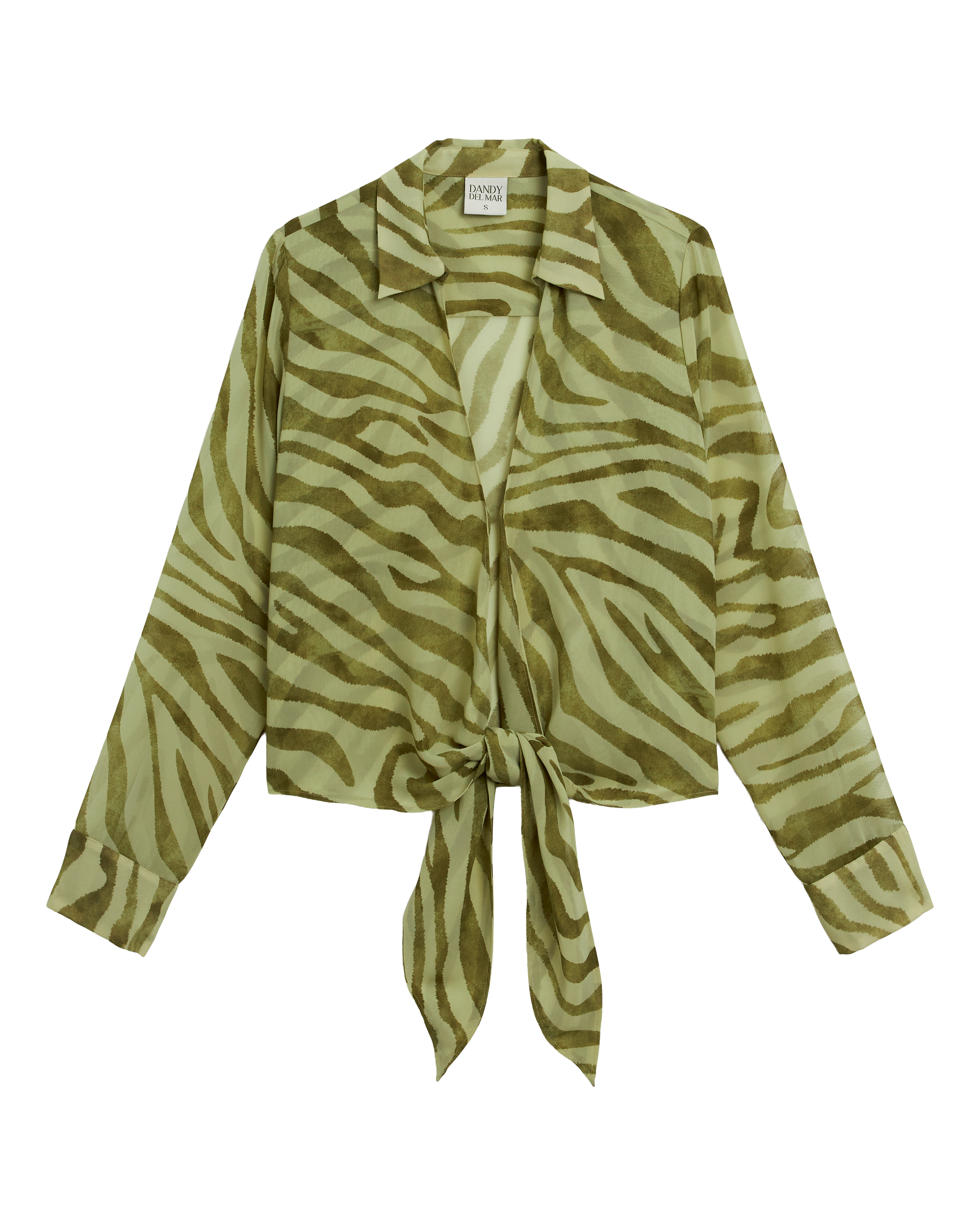 The Cayman Top - Arbequina by Dandy Del Mar is a long-sleeve, light green and beige zebra print collared blouse with a tie front, crafted from lightweight chiffon and shown on a plain background.