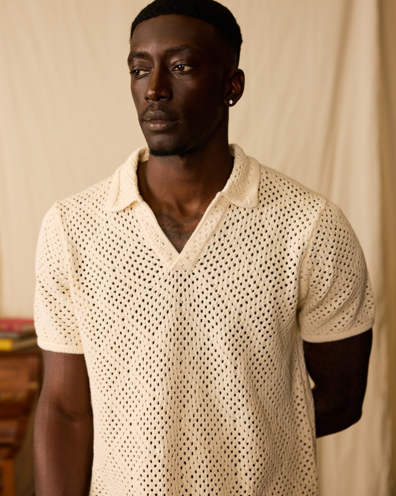 Men's Antibes Crochet Polo Shirt - Vintage Ivory Dandy Del Mar Men's Antibes Crochet Polo Shirt - Vintage Ivory Dandy Del Mar