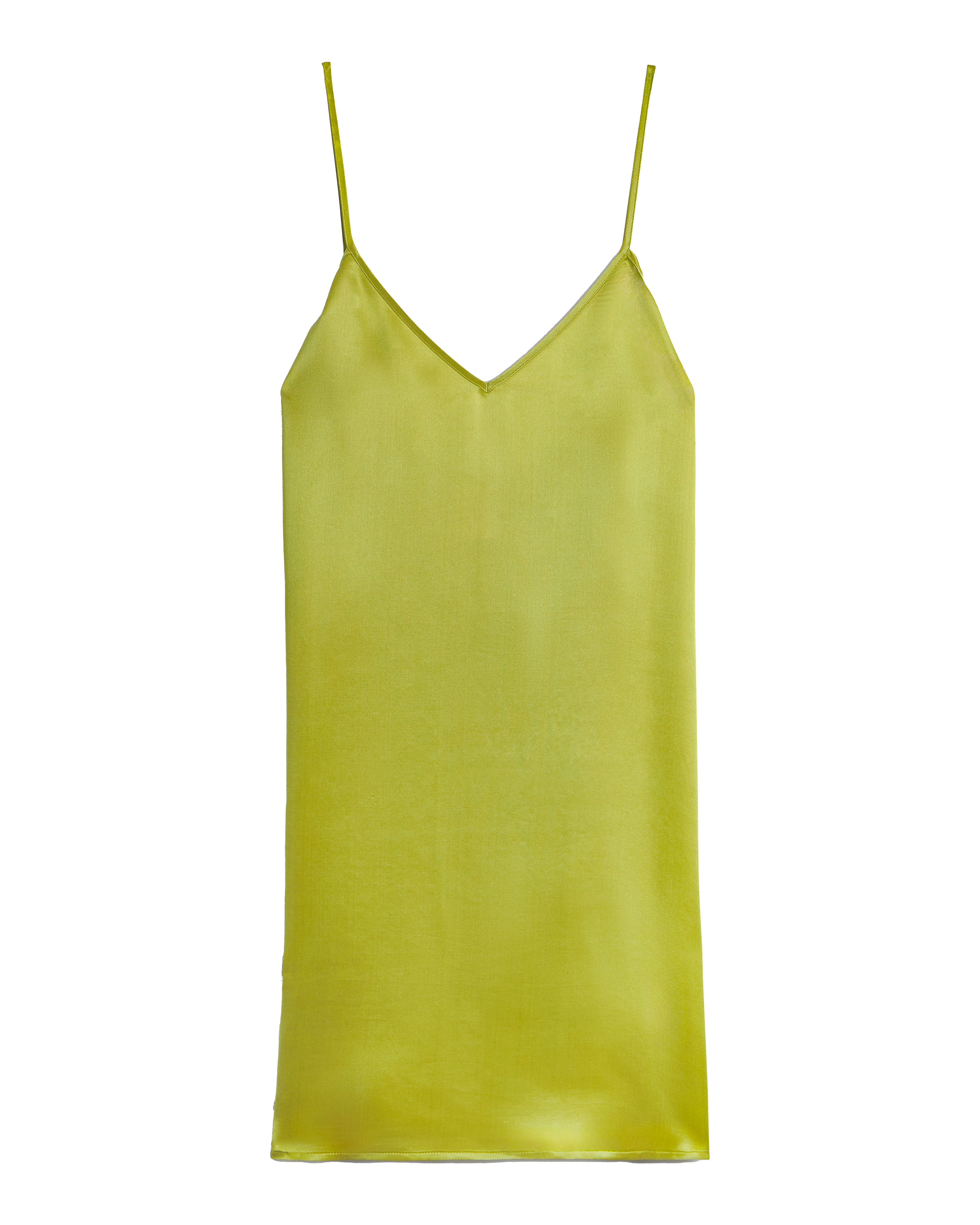 The Adonia Satin Slip Dress by Dandy Del Mar features a lightweight, lime green satin fabric, thin spaghetti straps, V-neckline, and open back; displayed on a plain background.