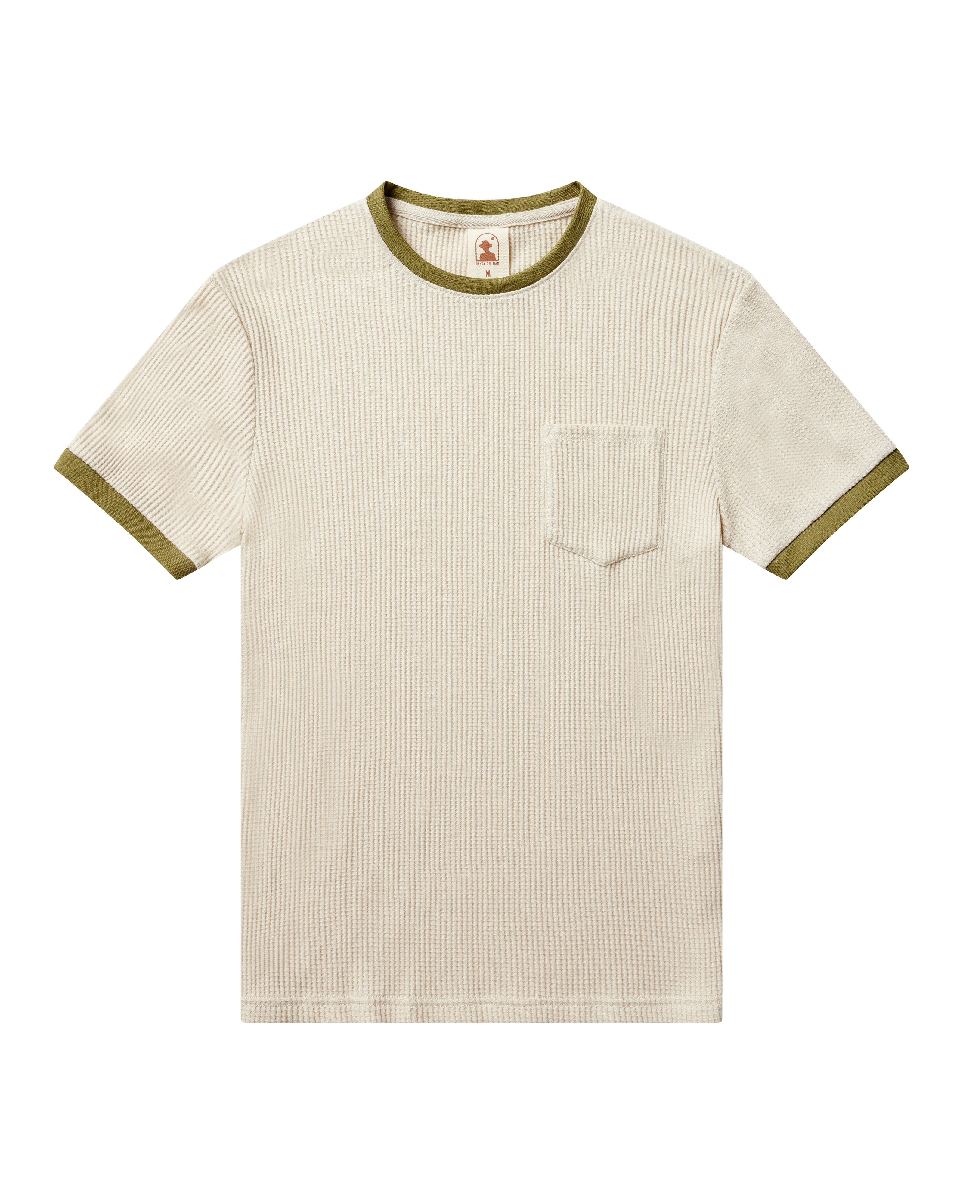The Cannes Waffle Knit Tee - Vintage Ivory by Dandy Del Mar features short sleeves, ribbed waffle knit fabric, olive green contrast collar and sleeve trim, plus a left chest pocket, shown on a black background.