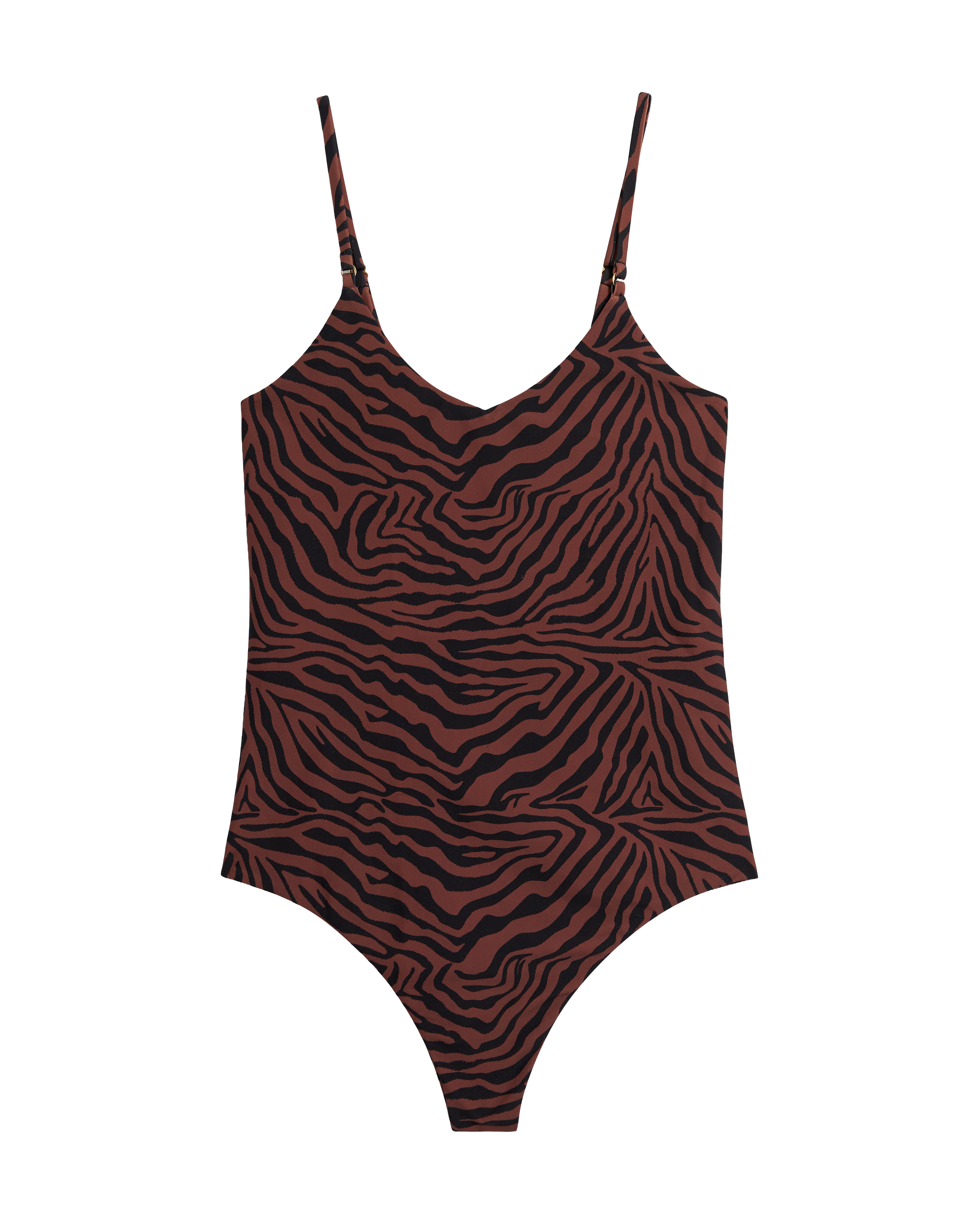 The Deia One Piece - Onyx by Dandy Del Mar features a brown and black zebra print, thin straps, and a high-cut design. Displayed against a white background, this stylish swimsuit is an exceptional choice in women’s swimwear.