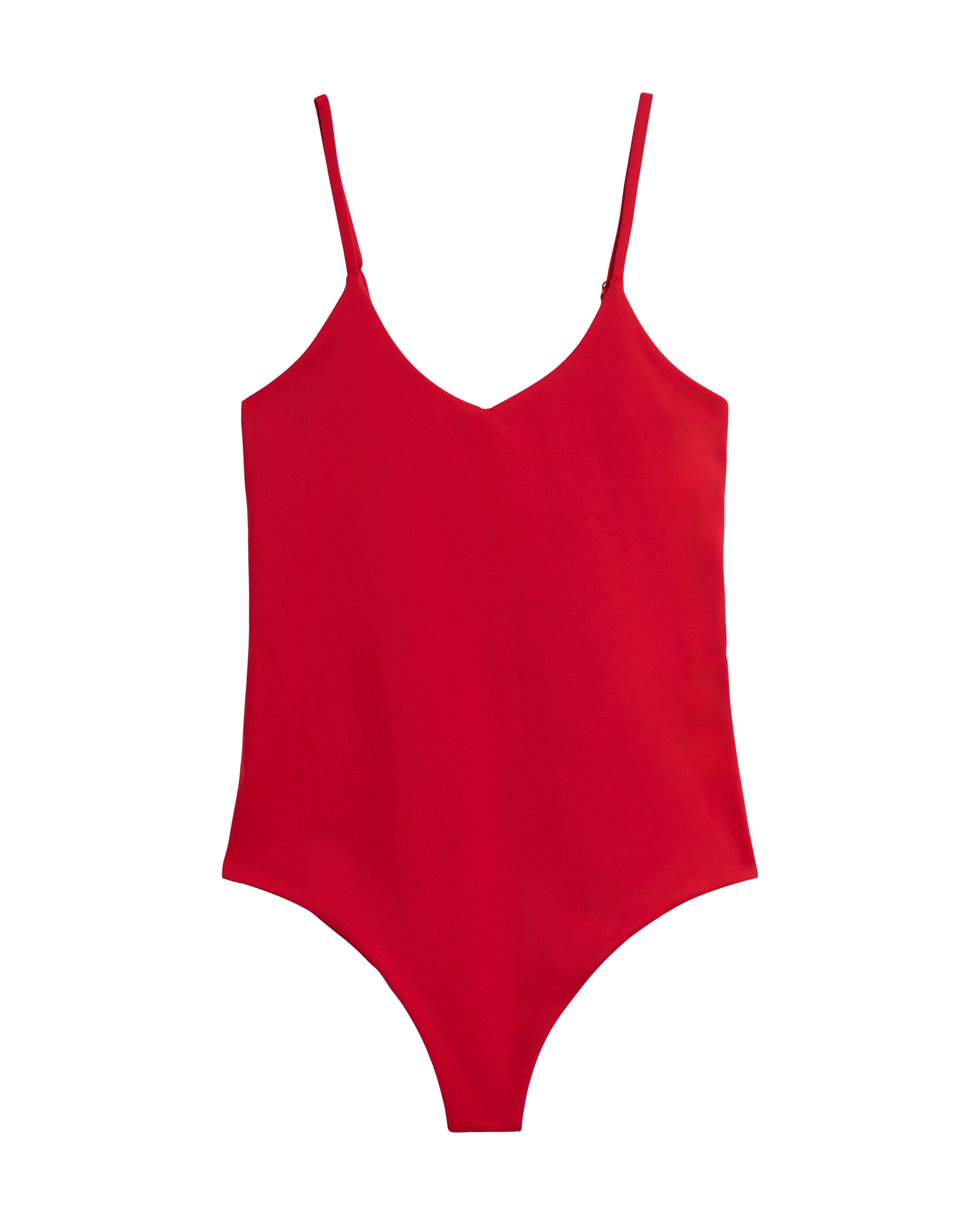 The Deia One Piece - Pico by Dandy Del Mar is a red swimsuit with thin shoulder straps, a V-shaped neckline, and a chic high-cut design, shown on a plain background.