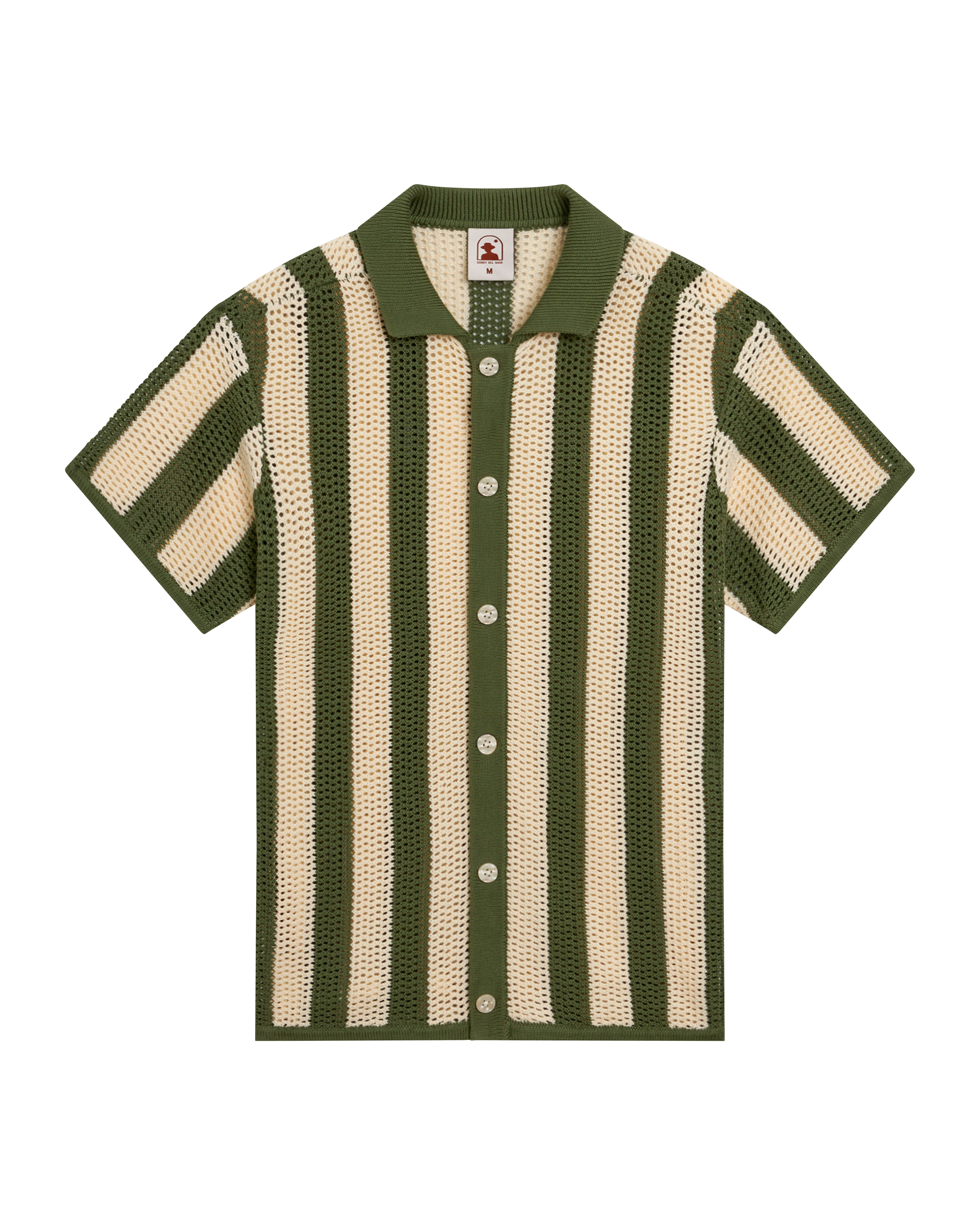 The Dominica Crochet Shirt - Arbequina by Dandy Del Mar is a short-sleeve, button-up with wide green and beige stripes, mesh knit texture, relaxed fit, and pointed collar.