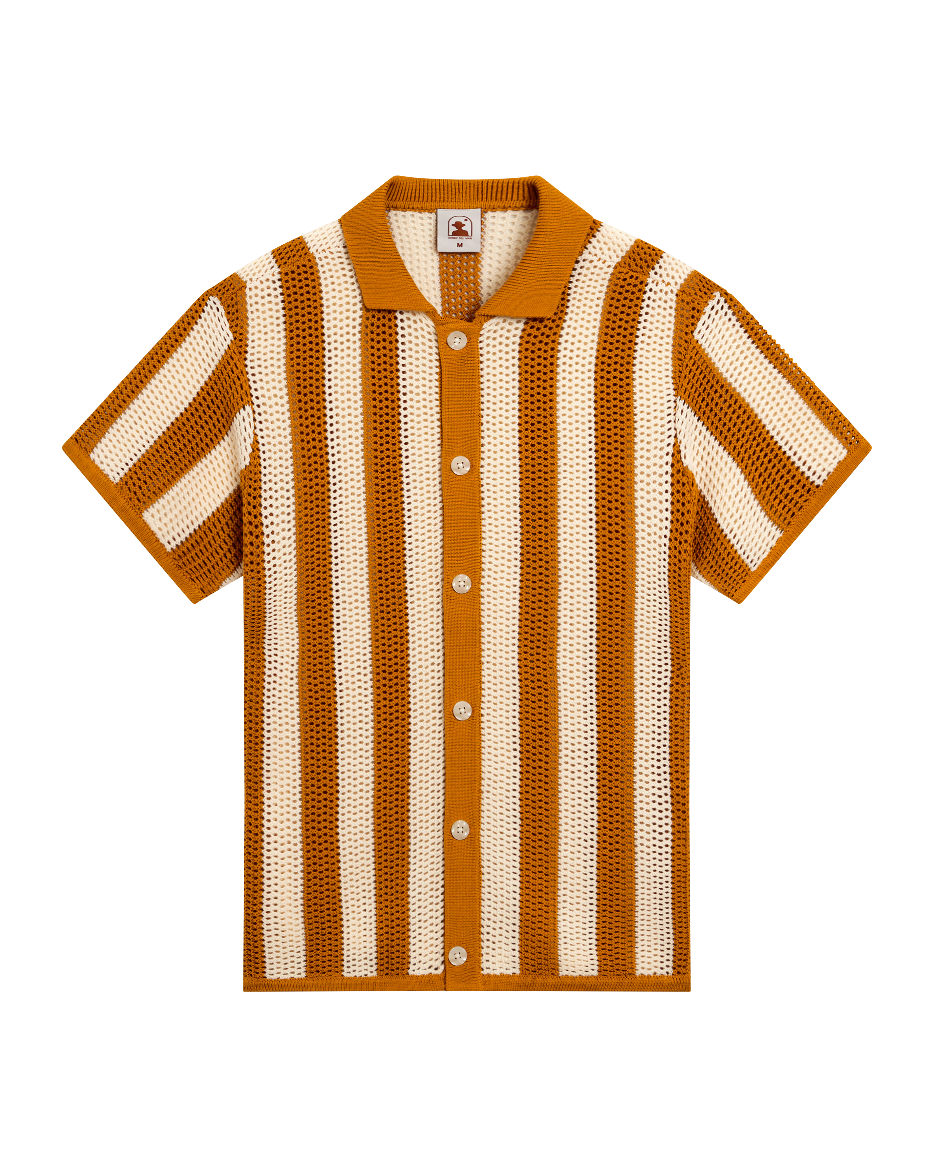 The Dominica Crochet Shirt - Burnt Sienna Stripe from Dandy Del Mar features short sleeves, a collar, white buttons, and vertical brown and white stripes in a mesh-like crochet fabric.