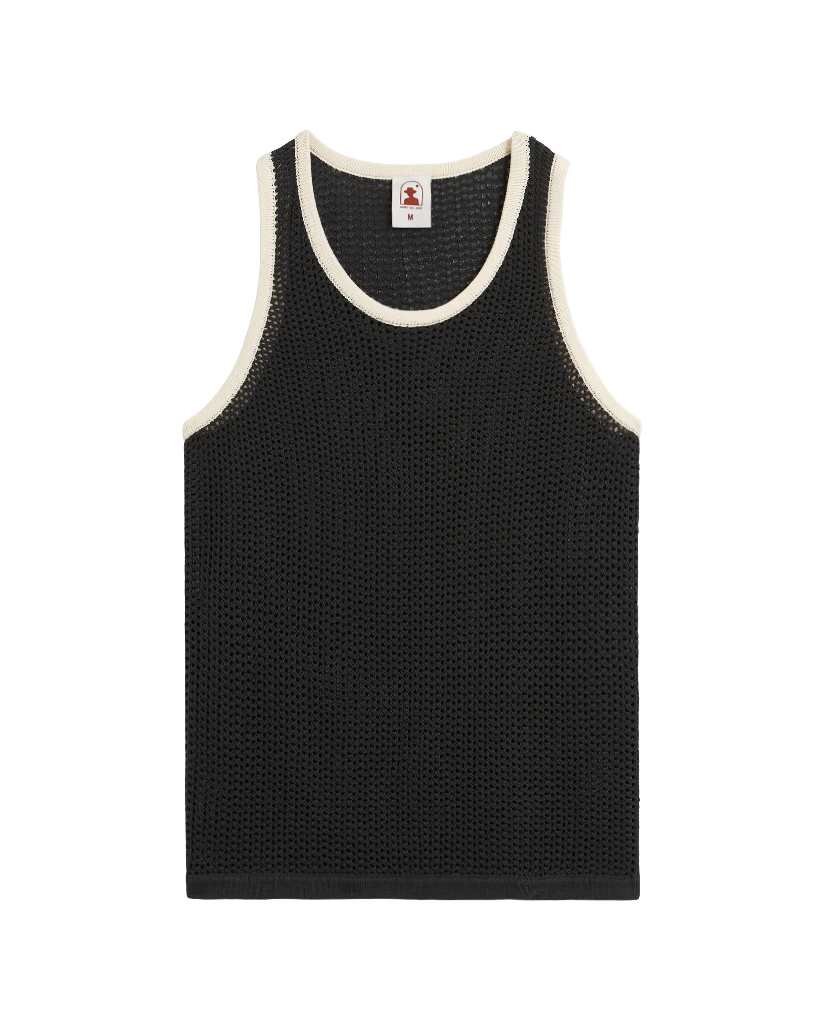 The Dominica Crochet Tank - Albatross by Dandy Del Mar is a relaxed-fit black mesh tank with white trim along the neckline and armholes, shown laid flat against a plain background.