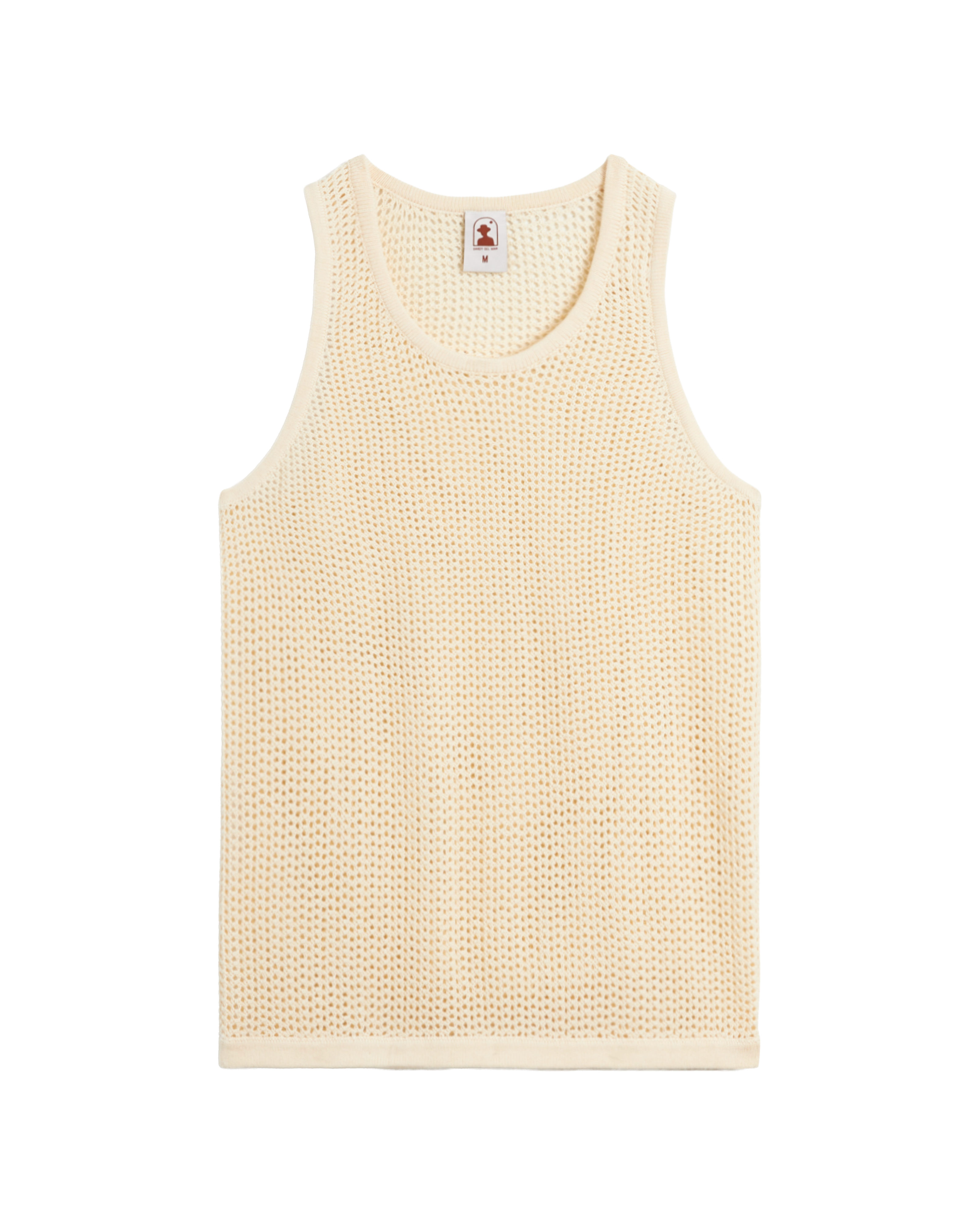 The Dominica Crochet Tank by Dandy Del Mar, a vintage ivory sleeveless top with a relaxed fit, is laid flat on a black background.