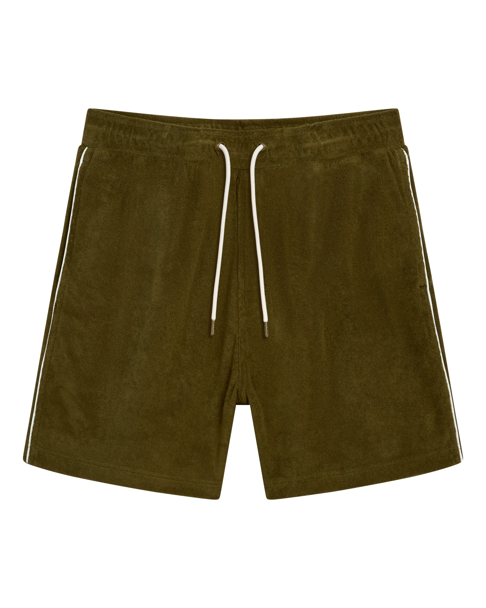 A pair of The Gaucho Short - Arbequina with a white drawstring from Dandy Del Mar.