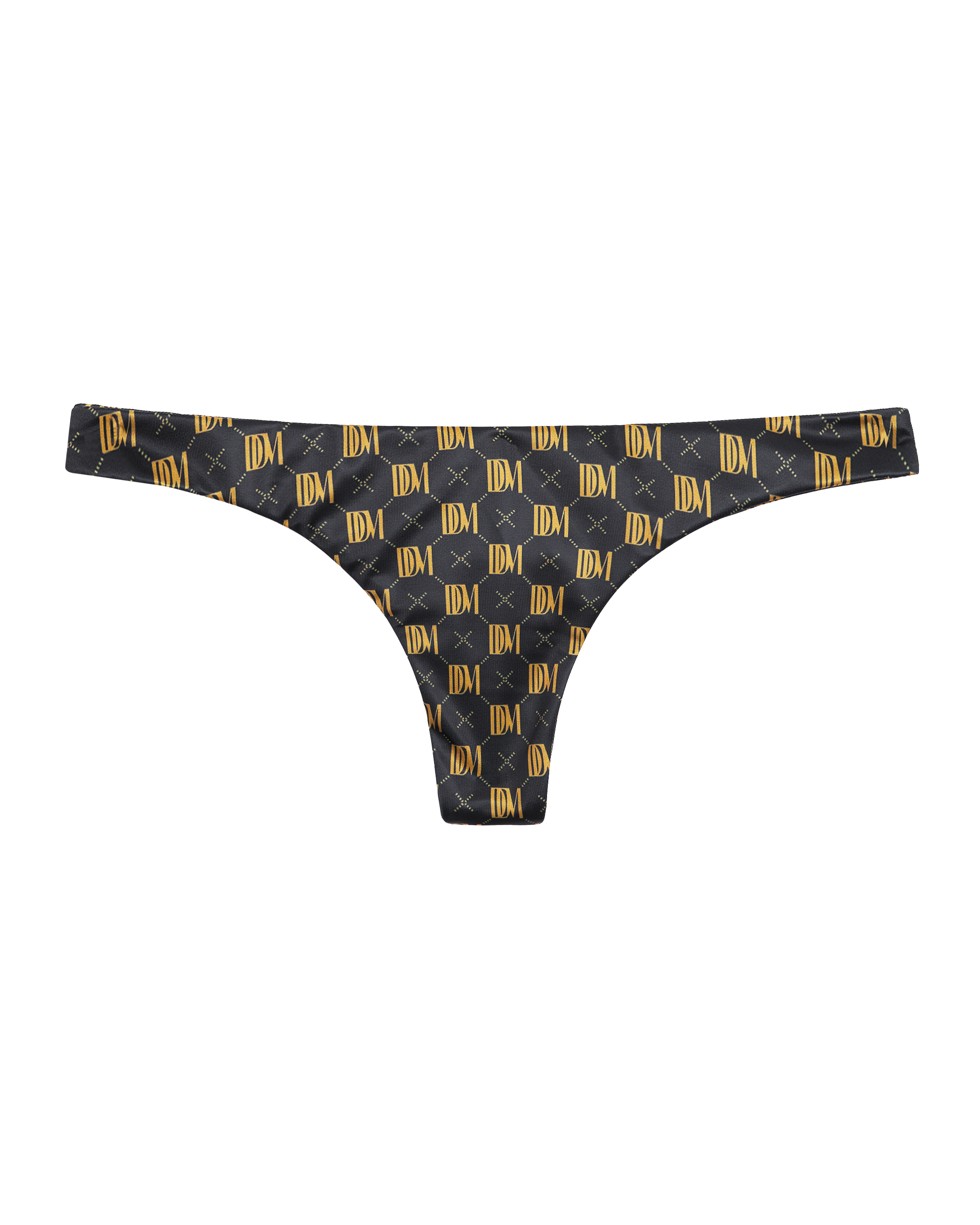 The Gomera Bottom - Oro Monogram by Dandy Del Mar: black thong underwear with gold DDM Monogram and "X" details, offering cheeky coverage for a bold, stylish look. Displayed on a plain background.