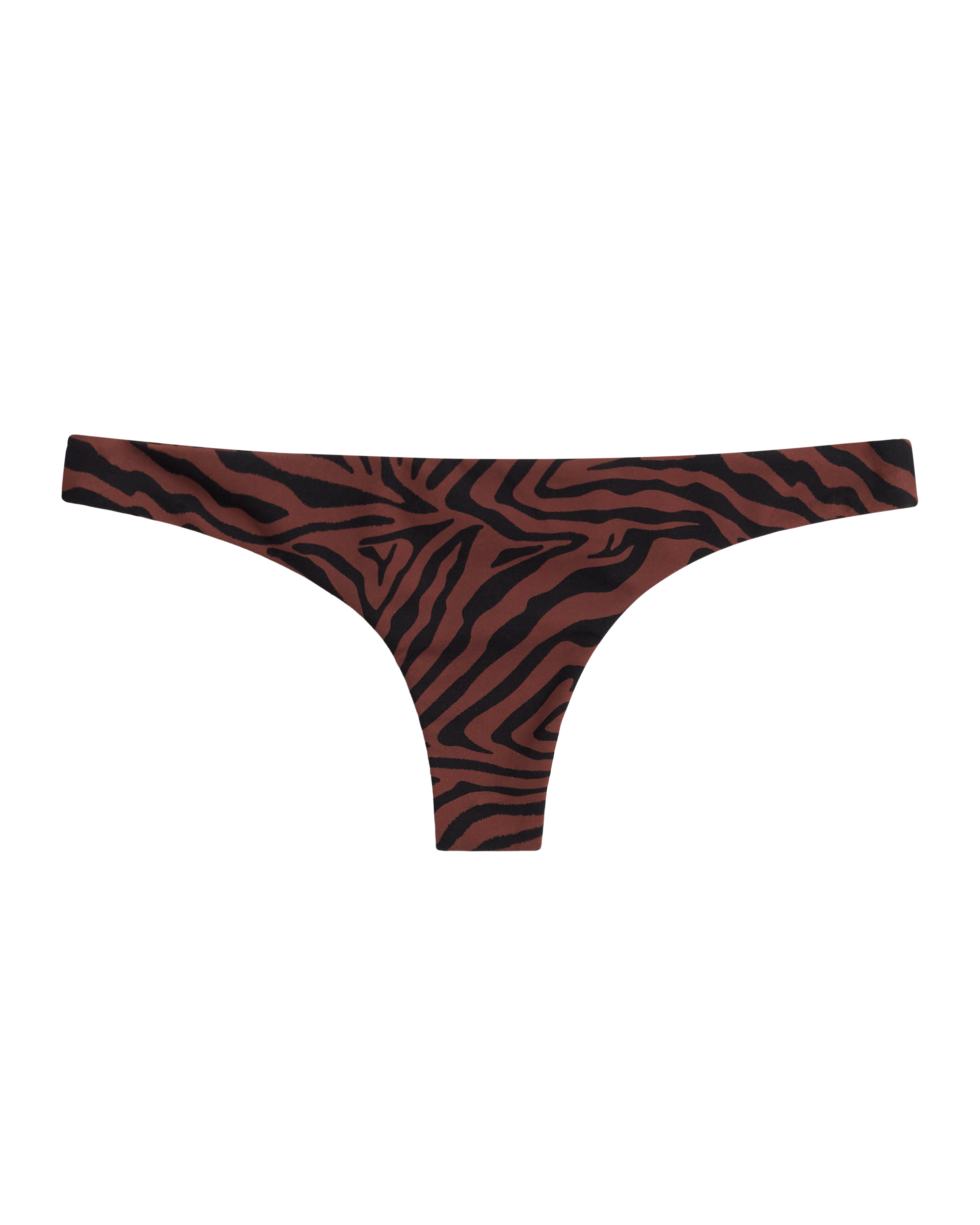 The Gomera Bottom - Onyx by Dandy Del Mar features a brown and black zebra print in a thong style with cheeky coverage, shown against a white background.