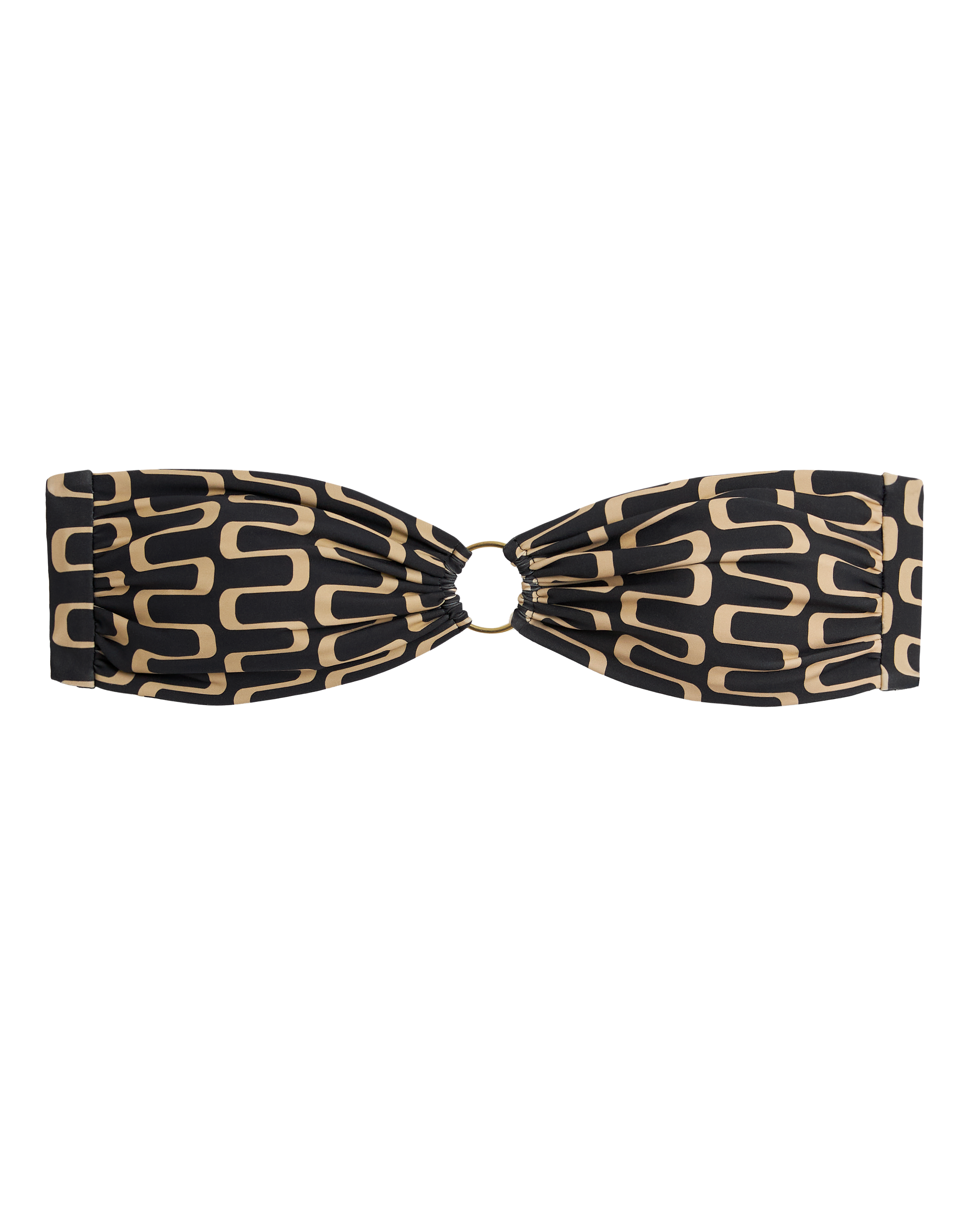 The Gomera Top - Albatross by Dandy Del Mar is a strapless bandeau in black and beige with a patterned design and a circular ring detail at the center.
