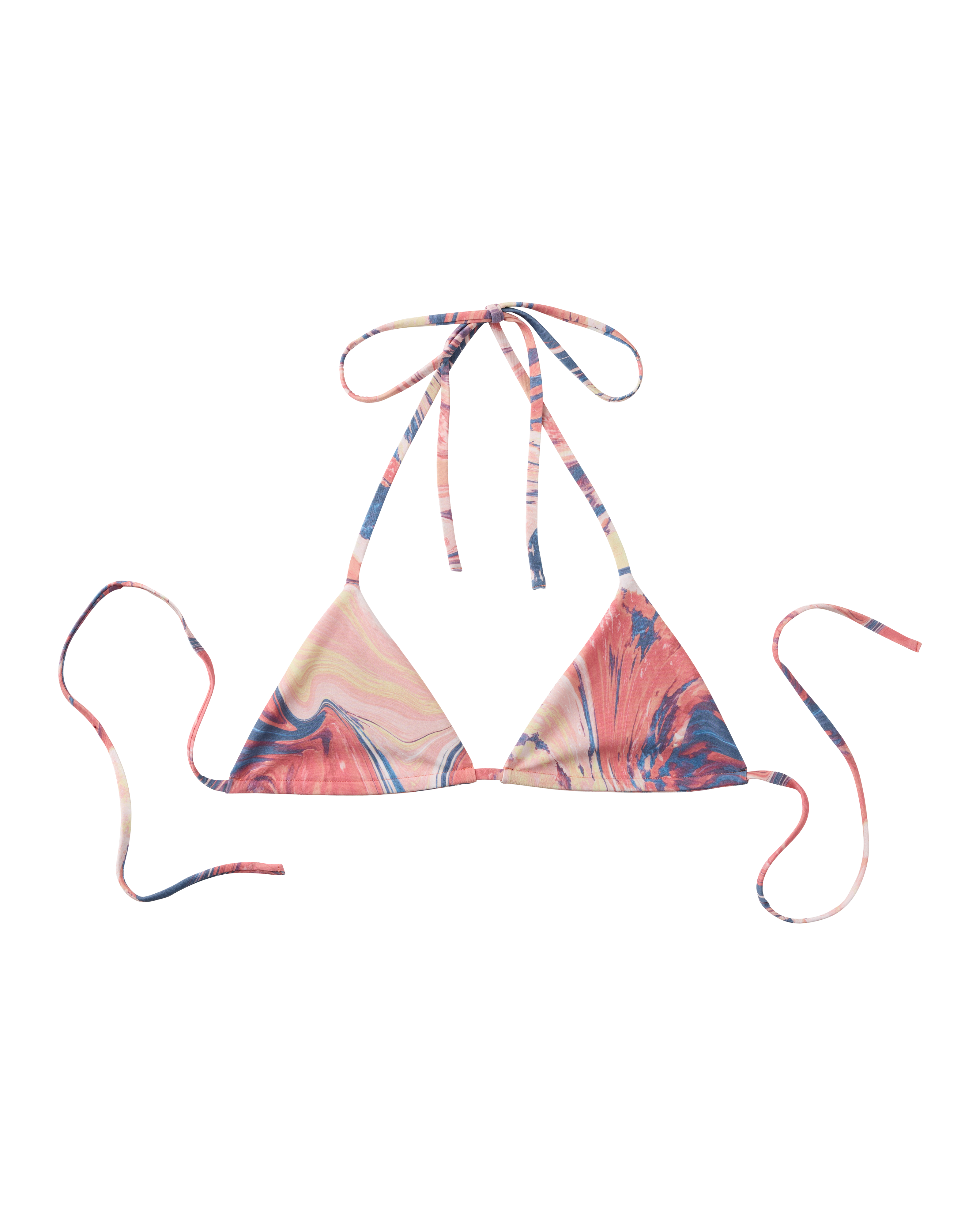 The Hierro Top - Lantana by Dandy Del Mar is a triangle bikini top with a pink, blue, and cream marble pattern and adjustable neck and back ties.