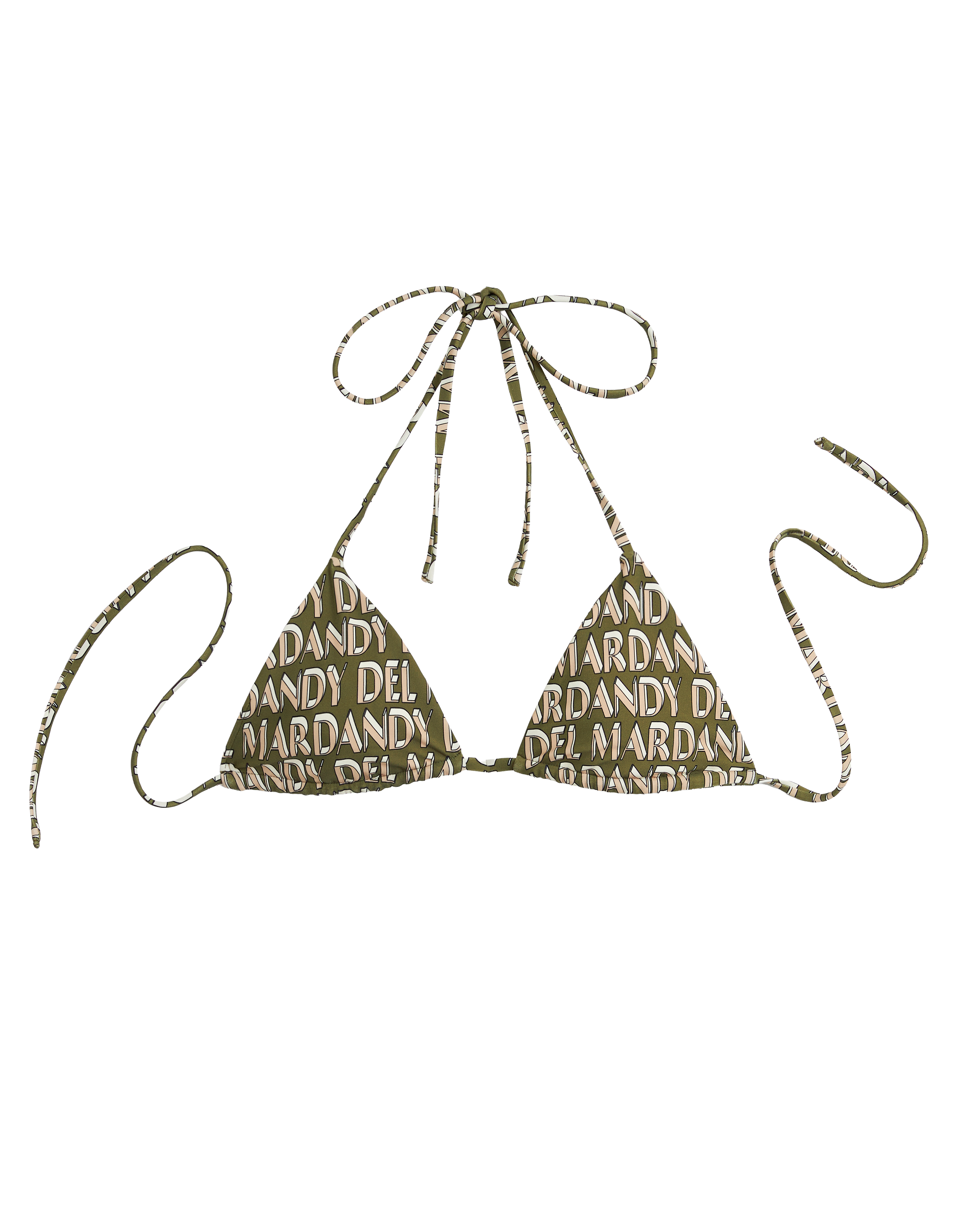 The Hierro Top - Arbequina by Dandy Del Mar is a green sliding triangle bikini top with a minimalist repeating pattern and adjustable neck/back ties—perfect for all-day UV bliss.