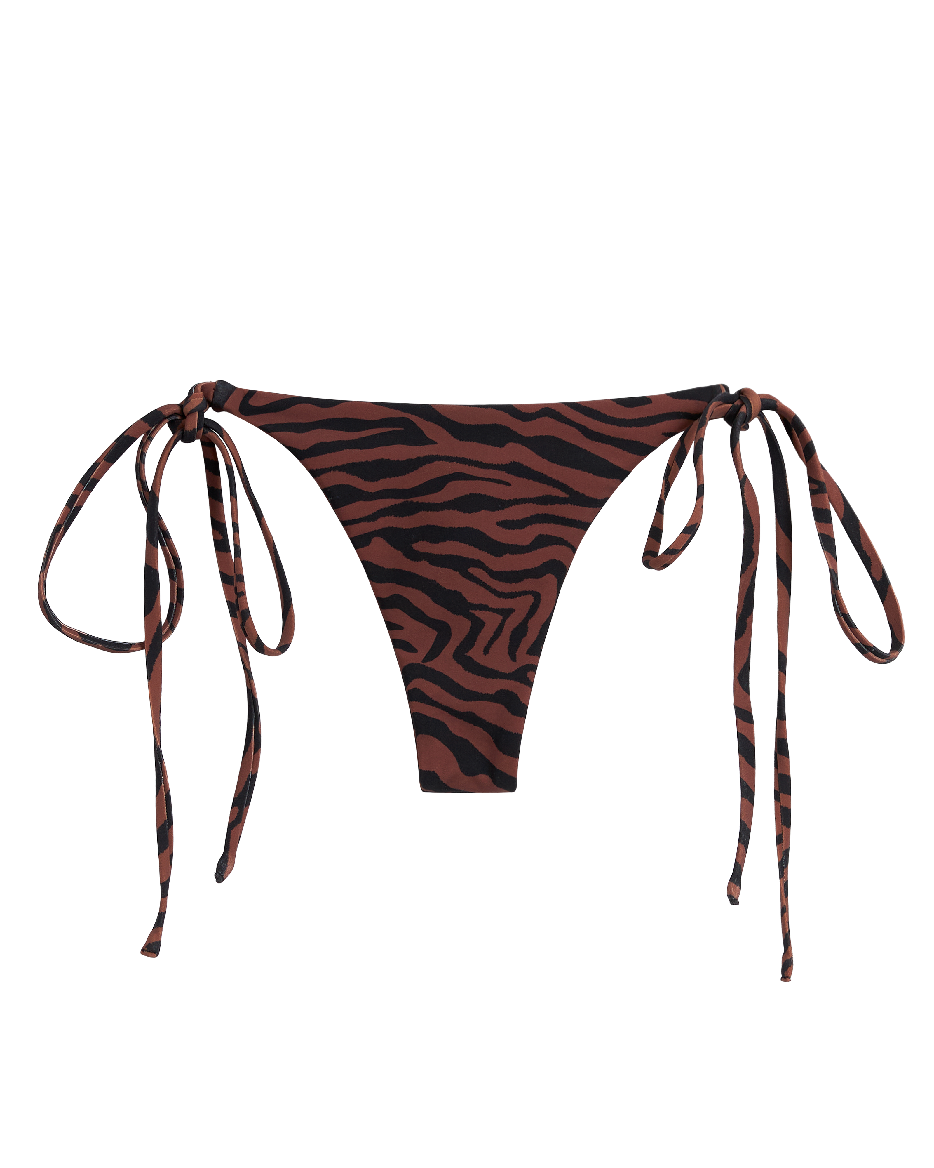 The Kokomo Bottom - Onyx by Dandy Del Mar: minimal-coverage brown and black zebra print bikini bottom, made from sustainable recycled nylon with side tie straps, shown on a plain background.