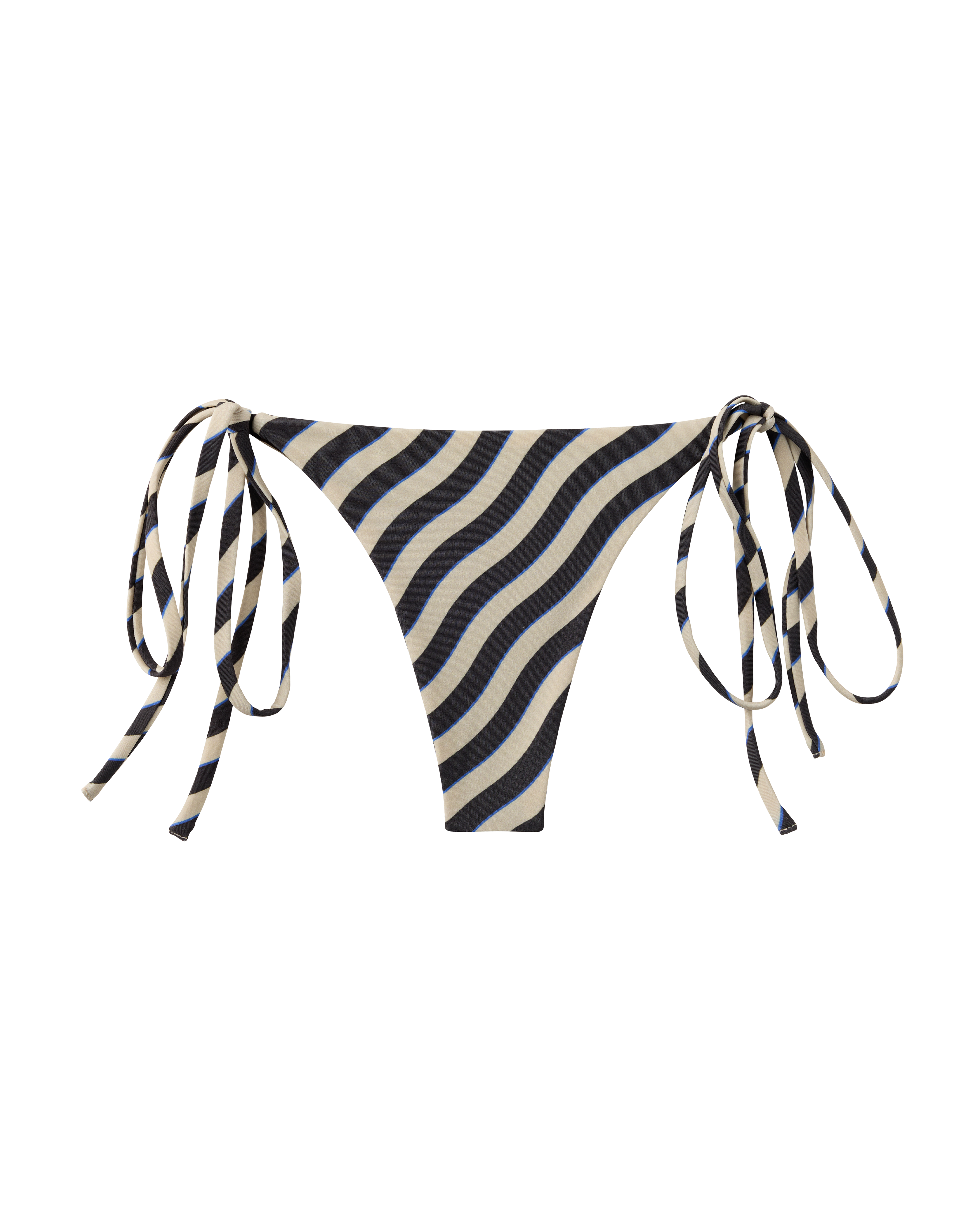 The Kokomo Bottom - Tierra by Dandy Del Mar features black and beige wavy stripes with side tie strings, shown on a plain background.