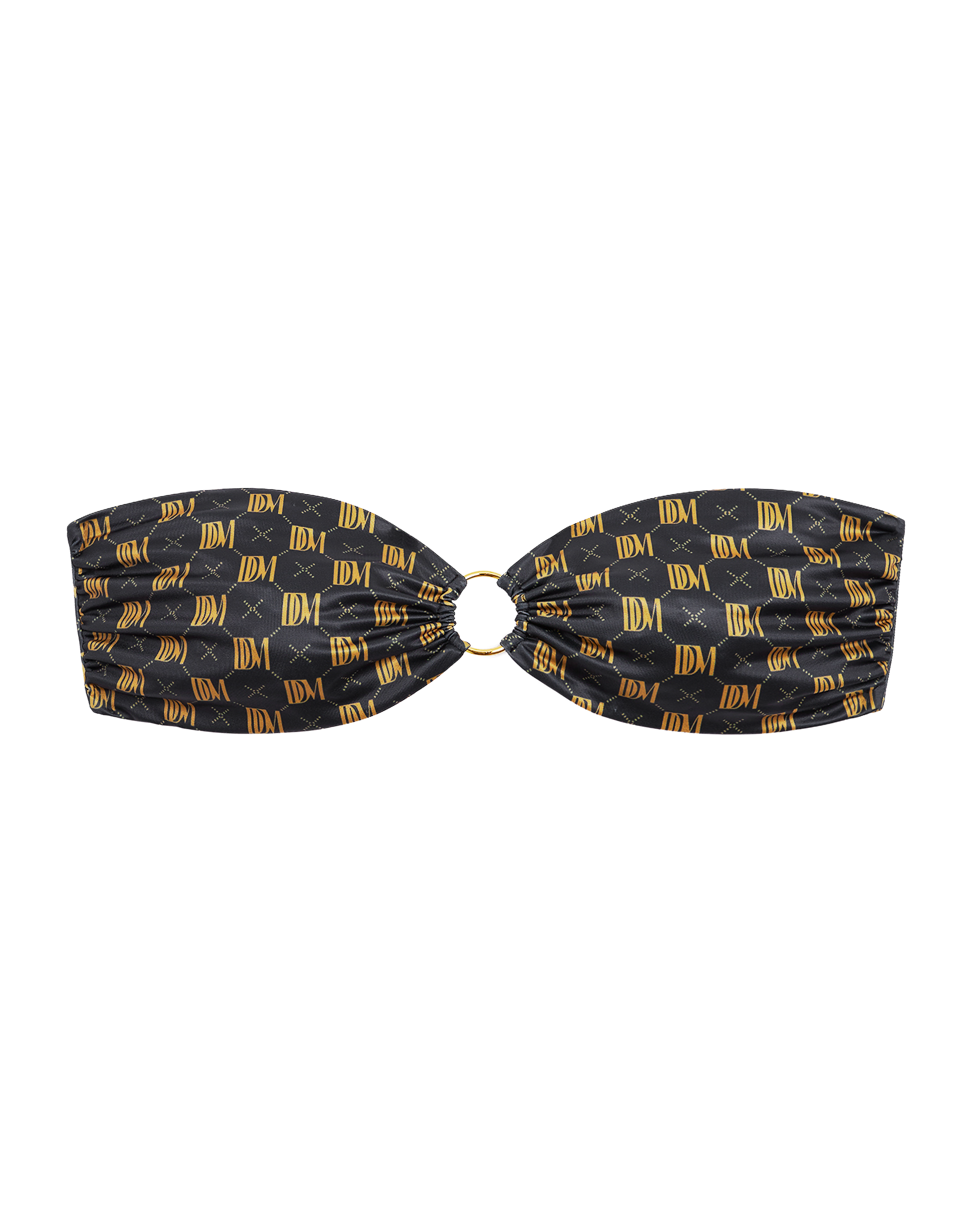 The Gomera Top - Oro Monogram by Dandy Del Mar features gold "IDM" logos and a central metal ring on black Carvico VITA fabric, shown against a plain black background.