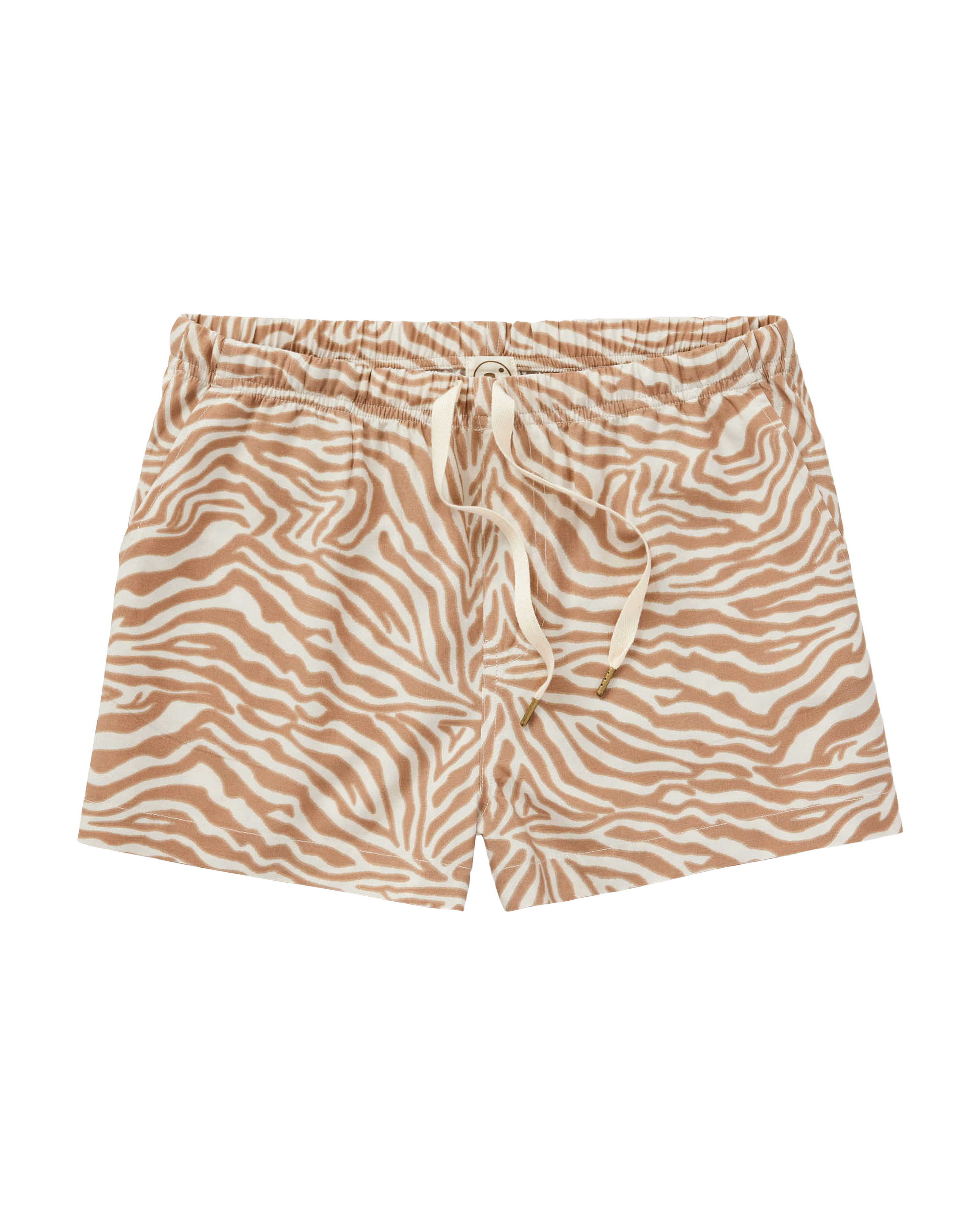 The Lucia Short - Cortado Sawla Print by Dandy Del Mar: tan and white zebra print featherweight linen shorts with a comfy drawcord elastic waist, shown laid flat on a white background.