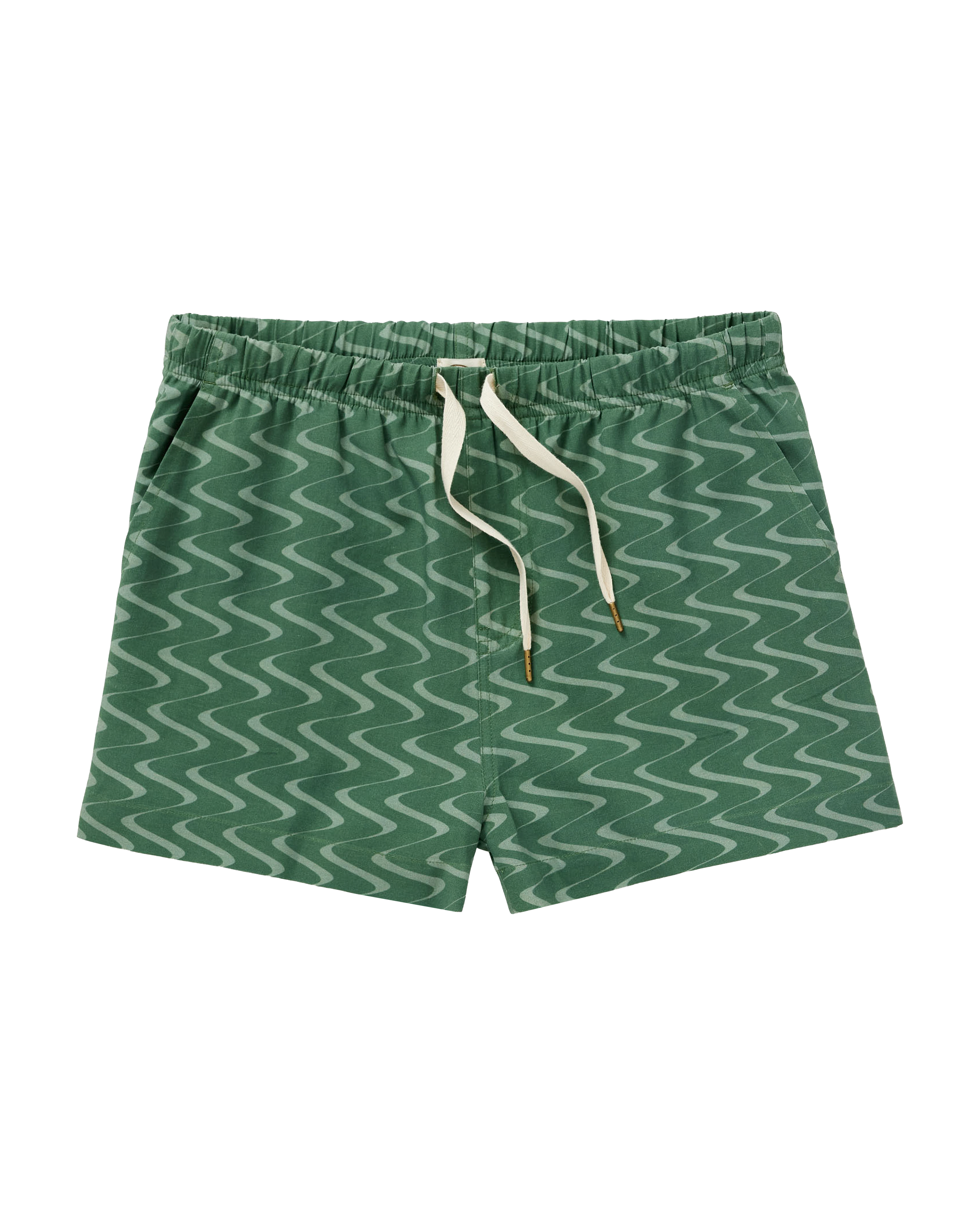 The Lucia Short in Emerald Tidal Print by Dandy Del Mar features a white zebra zigzag pattern, elastic waistband, and white drawstring, displayed flat against a white background for casual comfort.