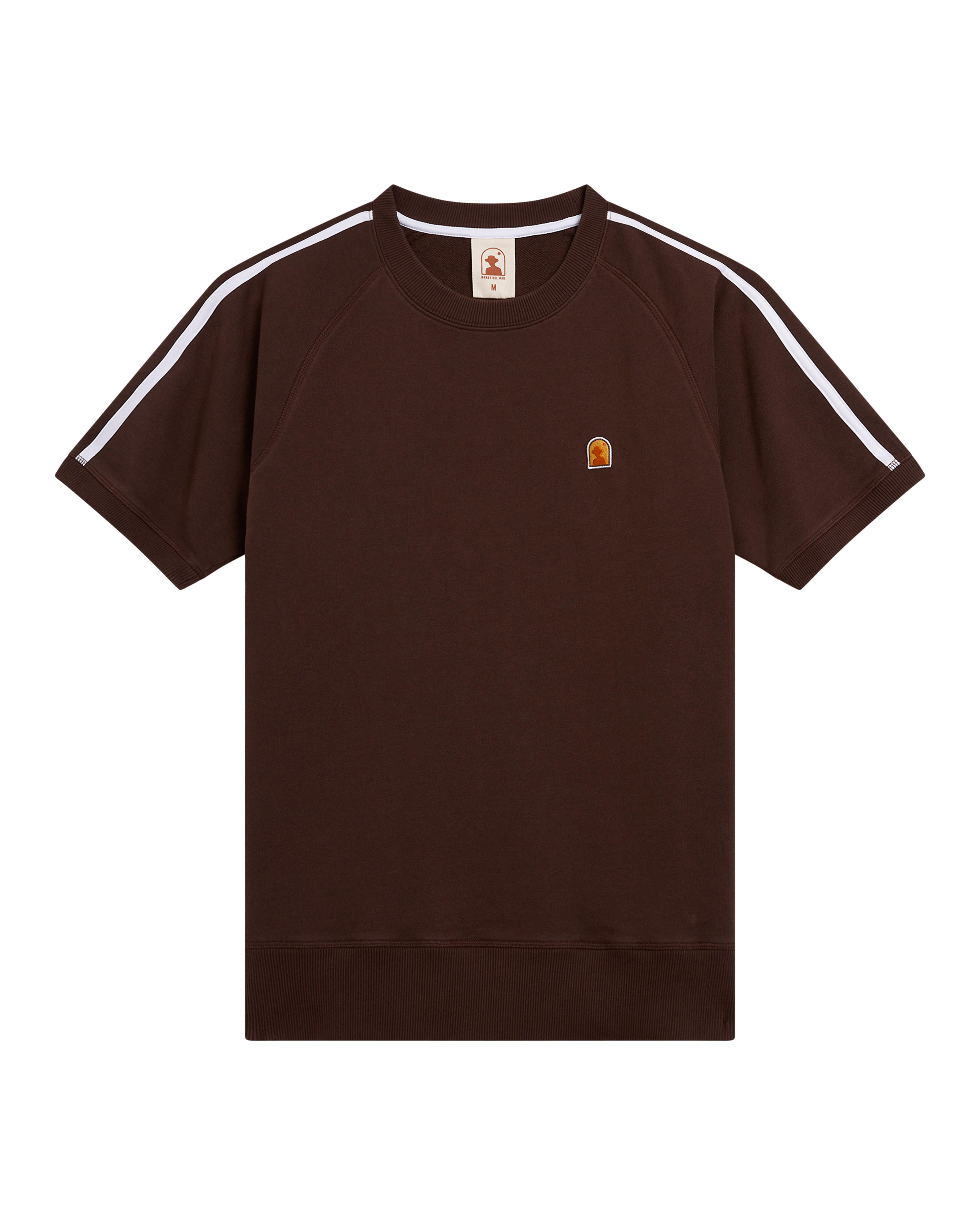 The Dandy Del Mar Marseille French Terry Pullover in Carajillo features short raglan sleeves, white shoulder stripes, and a small orange logo on the left chest, shown on a solid black background.