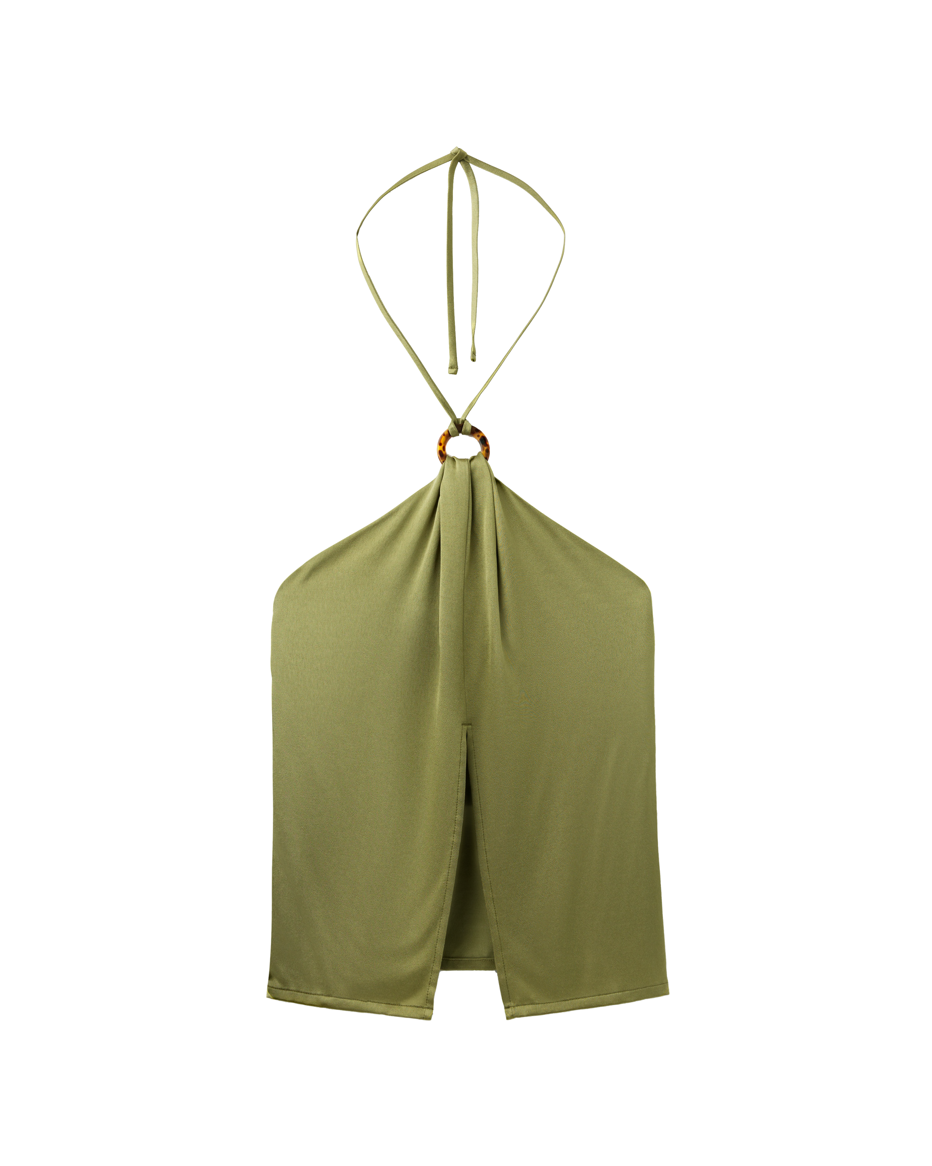 The Portofino Viscose Top - Berdea by Dandy Del Mar is an olive green satin halter top with a tortoise shell ring detail and chic front slit, shown on a plain background.