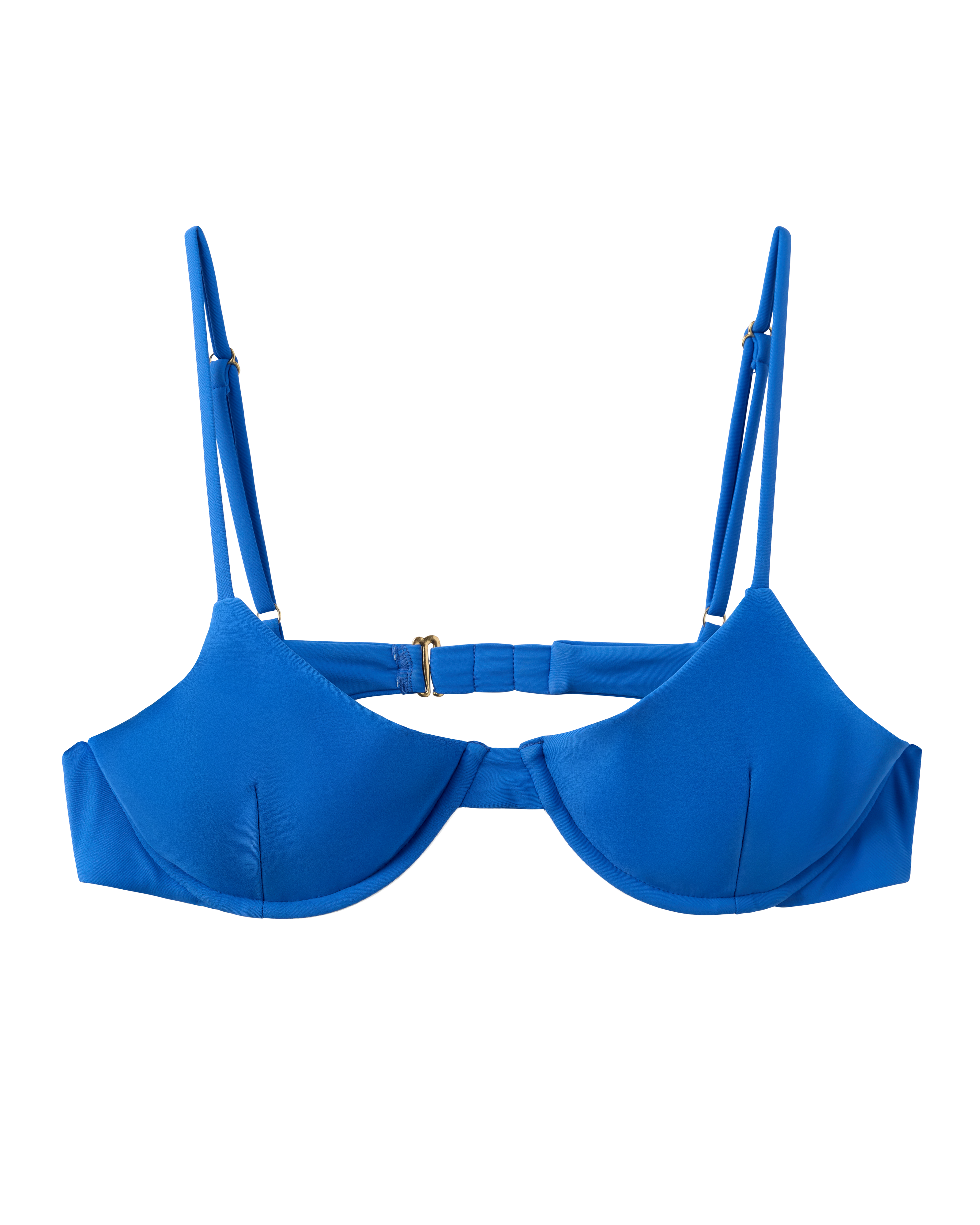 The Avila Top - Solana by Dandy Del Mar is a blue recycled nylon bikini top with supportive underwire, adjustable shoulder straps, and a back clasp closure, shown on a white background.