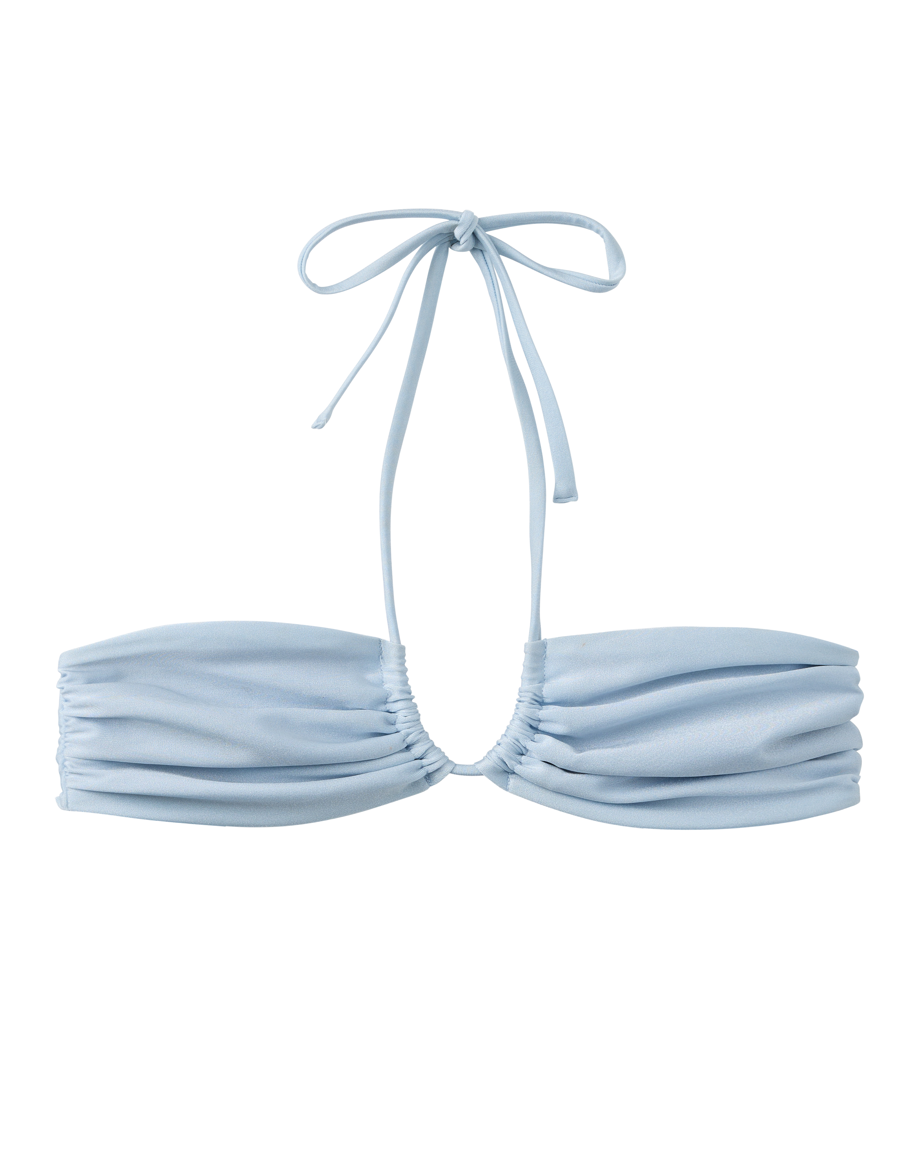 The Biarritz Top - Comet by Dandy Del Mar is a light blue, strapless bandeau bikini with ruched detailing and a thin halter tie—perfect for mixing and matching, shown on a plain background.