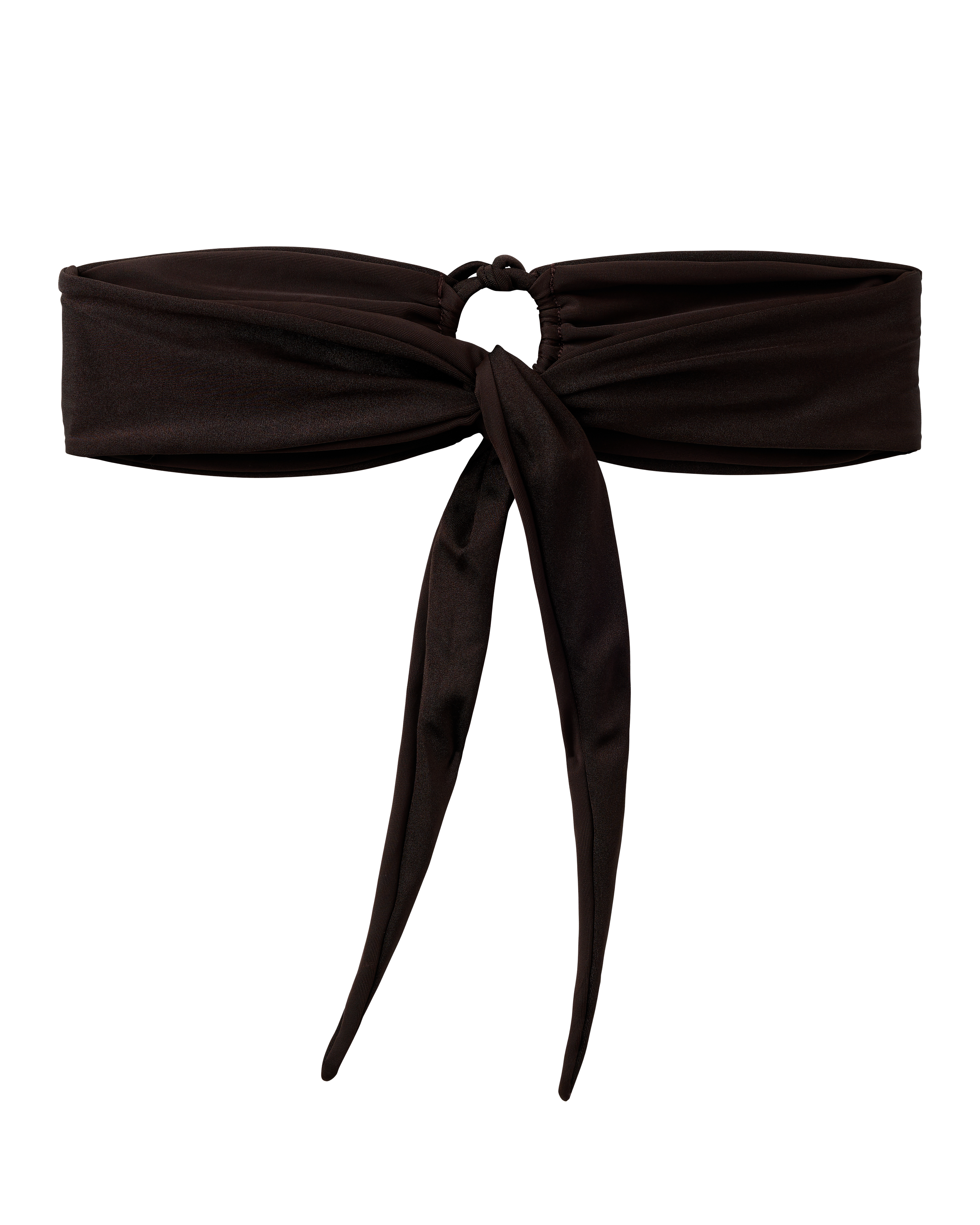 The Biarritz Top - Tierra by Dandy Del Mar is a black tie-front bandeau bikini top featuring a front knot and hanging fabric ties for versatile styling.