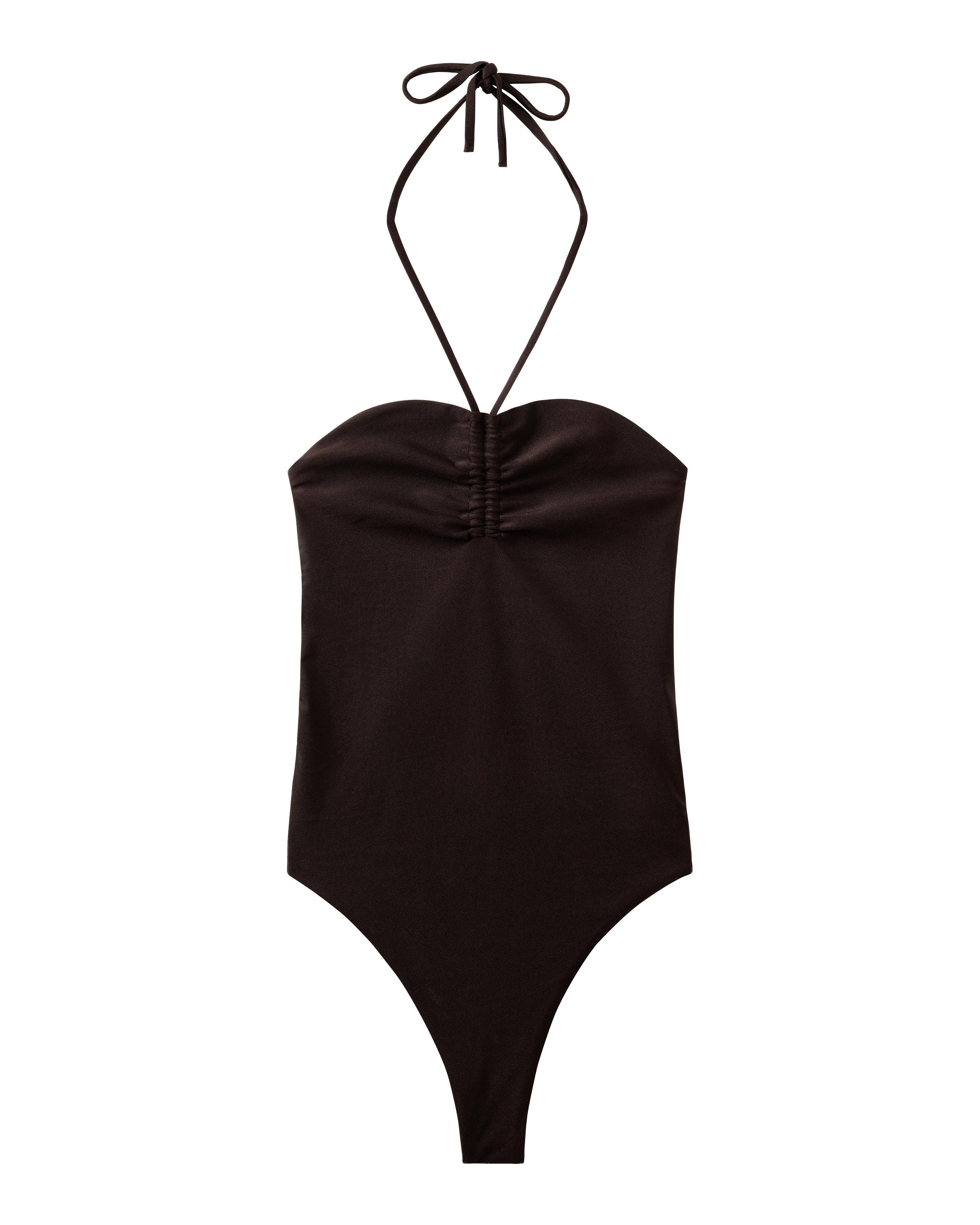 The Elba One Piece - Tierra by Dandy Del Mar is a halter-neck swimsuit in black with ruched bust detailing, high-cut legs, and moderate coverage for a flattering fit.
