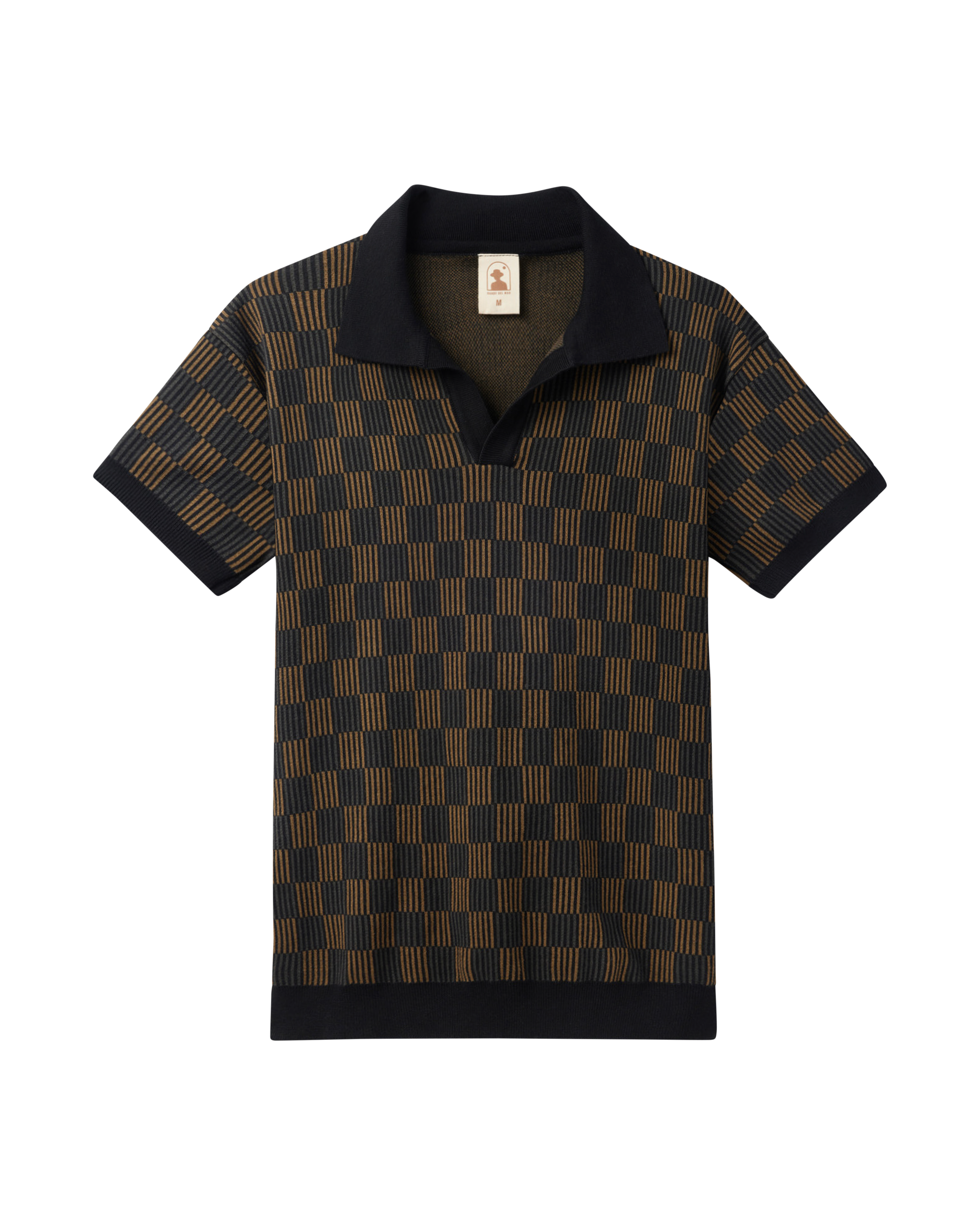 The Sebastian Knit Polo - Onyx by Dandy Del Mar features short sleeves, a black and tan checkered pattern, black collar, cuffs, and hem—all in a timeless Italian knit style. Displayed on a plain black background.