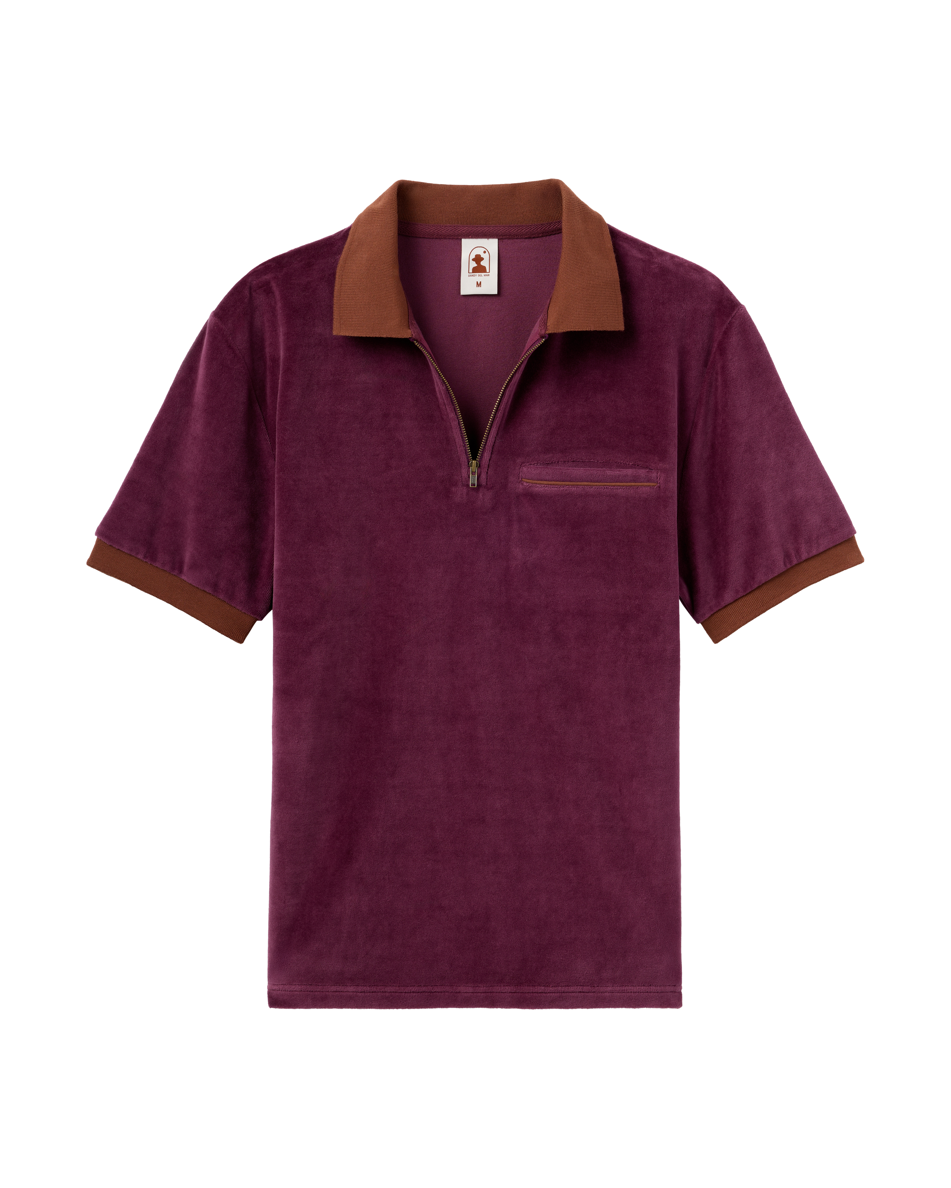 The Rio Velour Shirt - Bordeaux by Dandy Del Mar features luxury burgundy velour, a brown collar and cuffs, chest pocket, and a chic quarter-zip front.