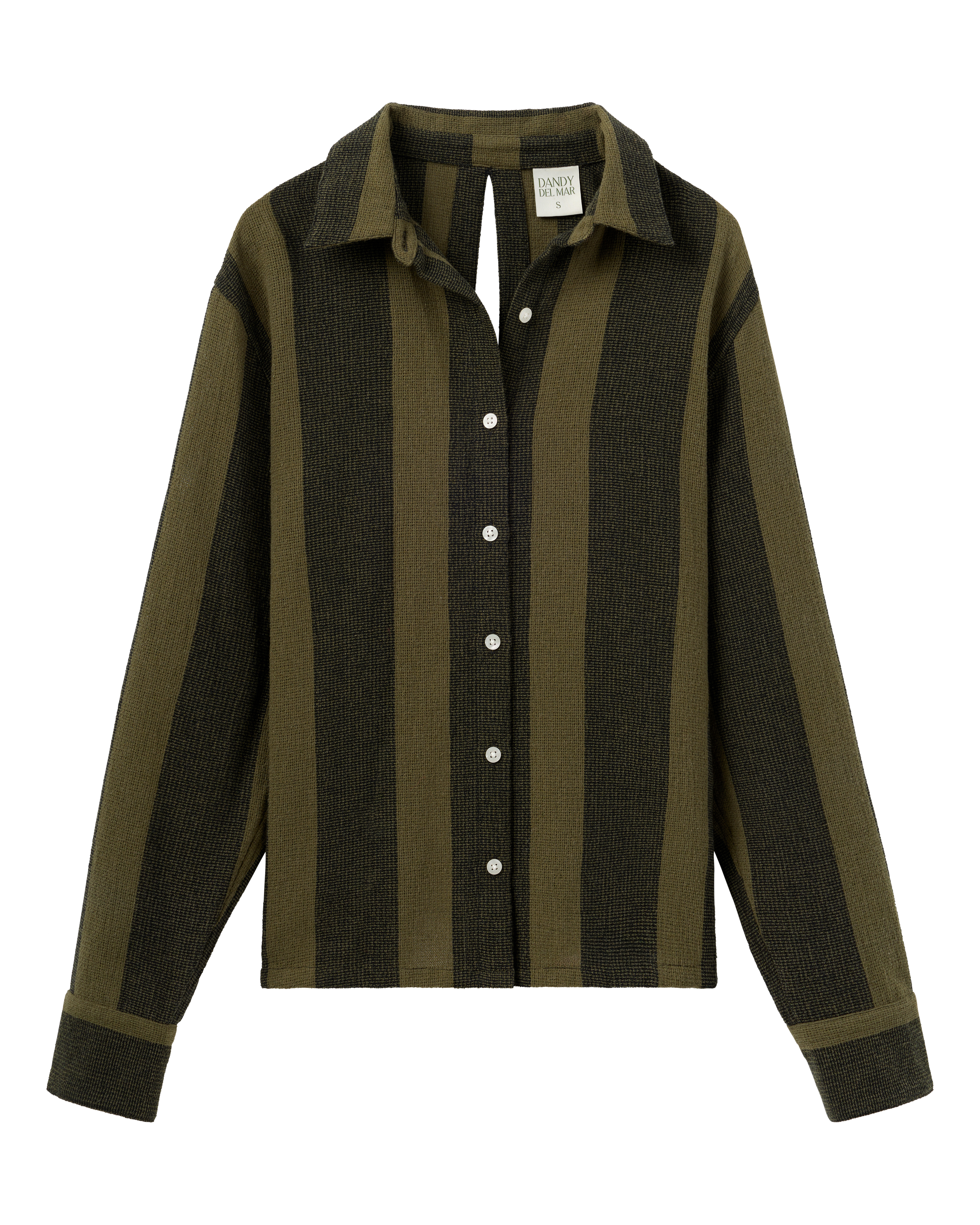 The Sevilla Top - Onyx by Dandy Del Mar features long sleeves, a button-up front, wide vertical olive and dark green stripes, a spread collar, and a straight hem, shown against a plain background.