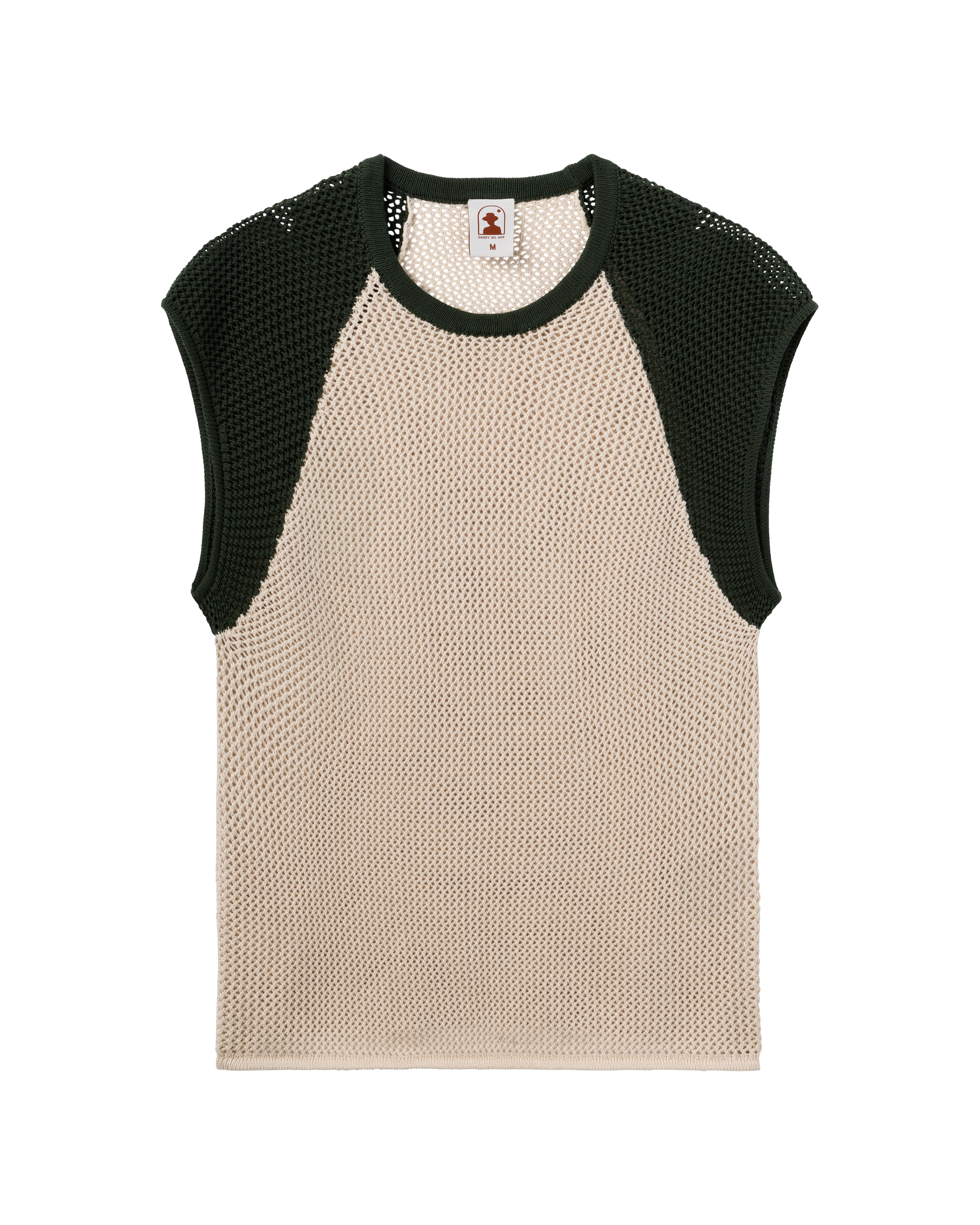The Porto Crochet Tank - Sabbia by Dandy Del Mar features a sleeveless beige mesh body with dark green textured shoulder panels, shown flat against a plain background.