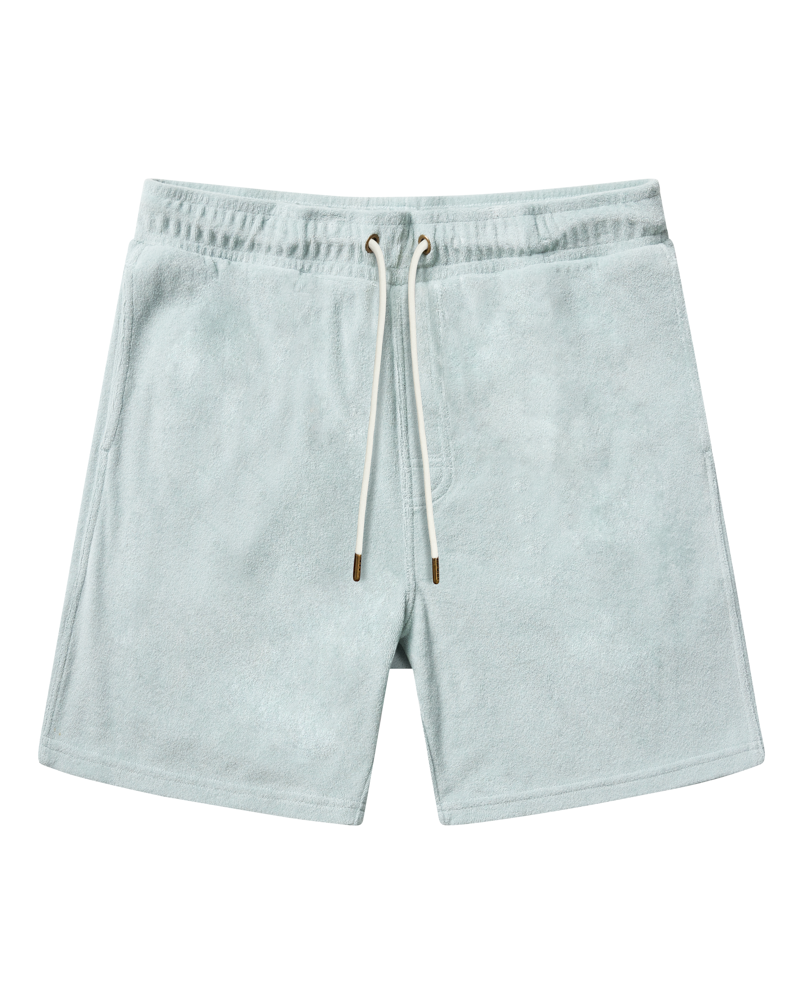 The Tropez Shorts - Gulf Blue by Dandy Del Mar are crafted from premium terry cloth with an elastic waistband, white drawstring, and two side pockets—perfect leisurewear, shown flat against a white background.