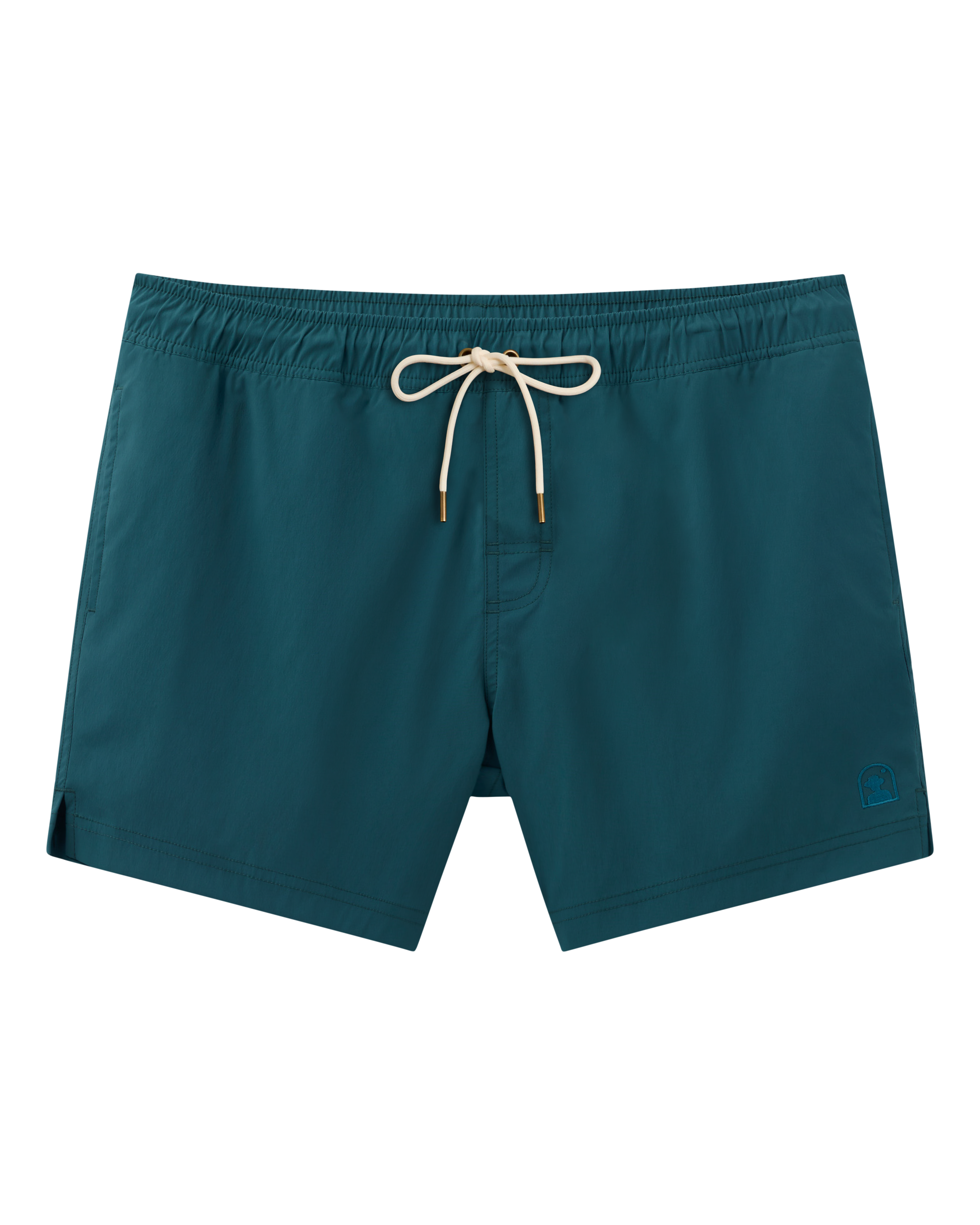 The Dandy Del Mar Ventura Volley Short - Acqua features an elastic waistband, beige drawstring, micro mesh liner, and a subtle logo embroidered on the lower left leg, shown against a plain background.